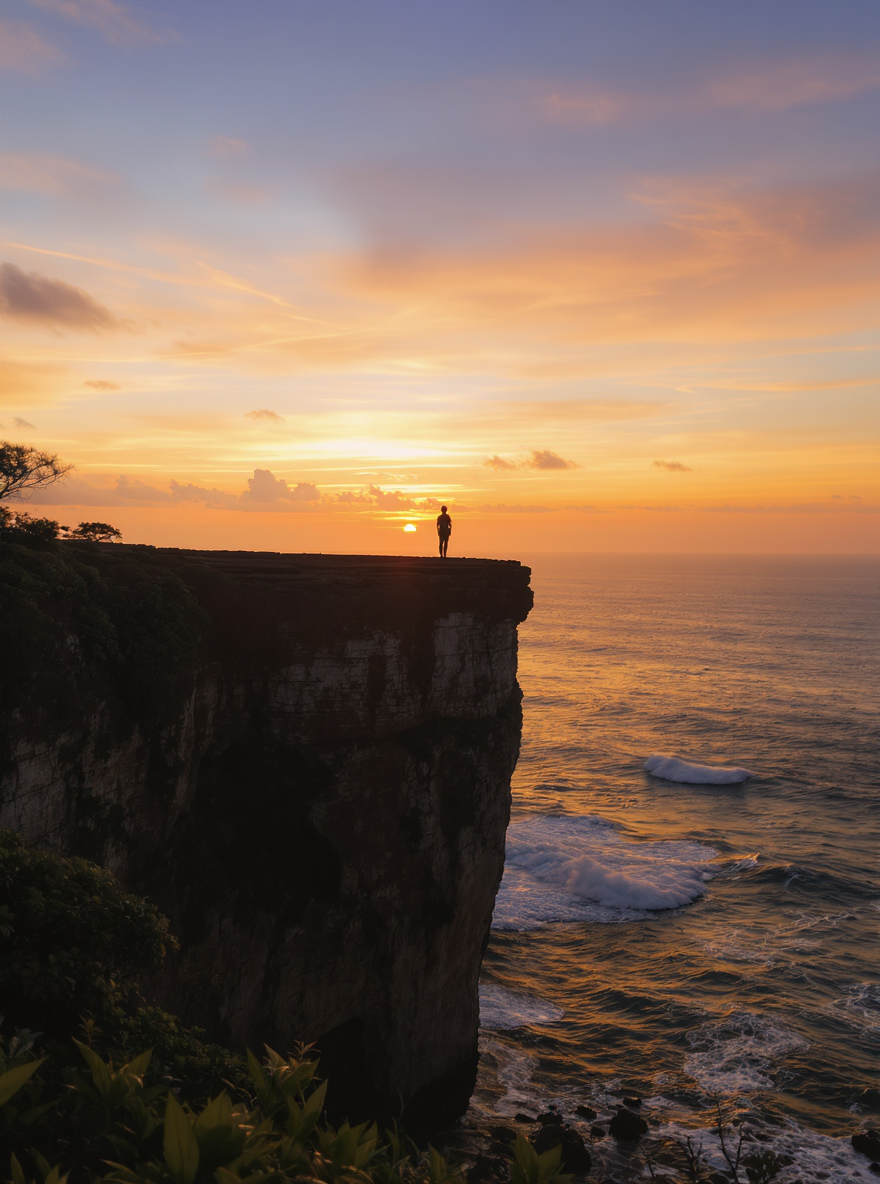 A lone figure stands atop a dramatic cliff at sunset, overlooking a vast ocean