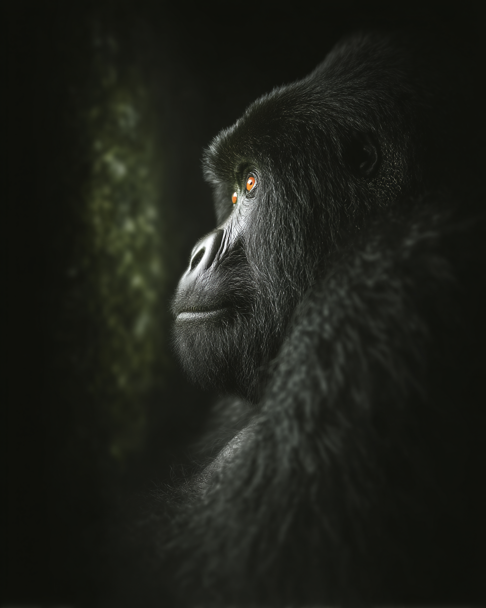 Close-up de um gorila em perfil com iluminação suave destacando seus olhos expressivos e pelagem escura. O fundo desfocado cria uma atmosfera introspectiva e contemplativa, enquanto o foco nítido revela texturas detalhadas do pelo e da pele do animal.
