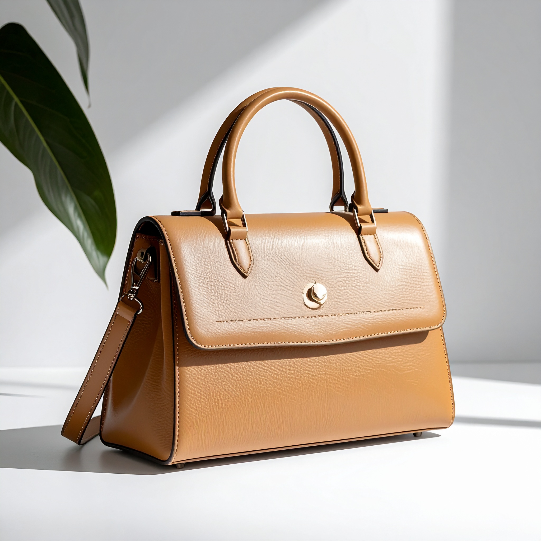Bolsa de couro marrom claro em superfície branca com iluminação suave, textura granulada, sombra projetada, detalhe metálico dourado e planta verde ao fundo.