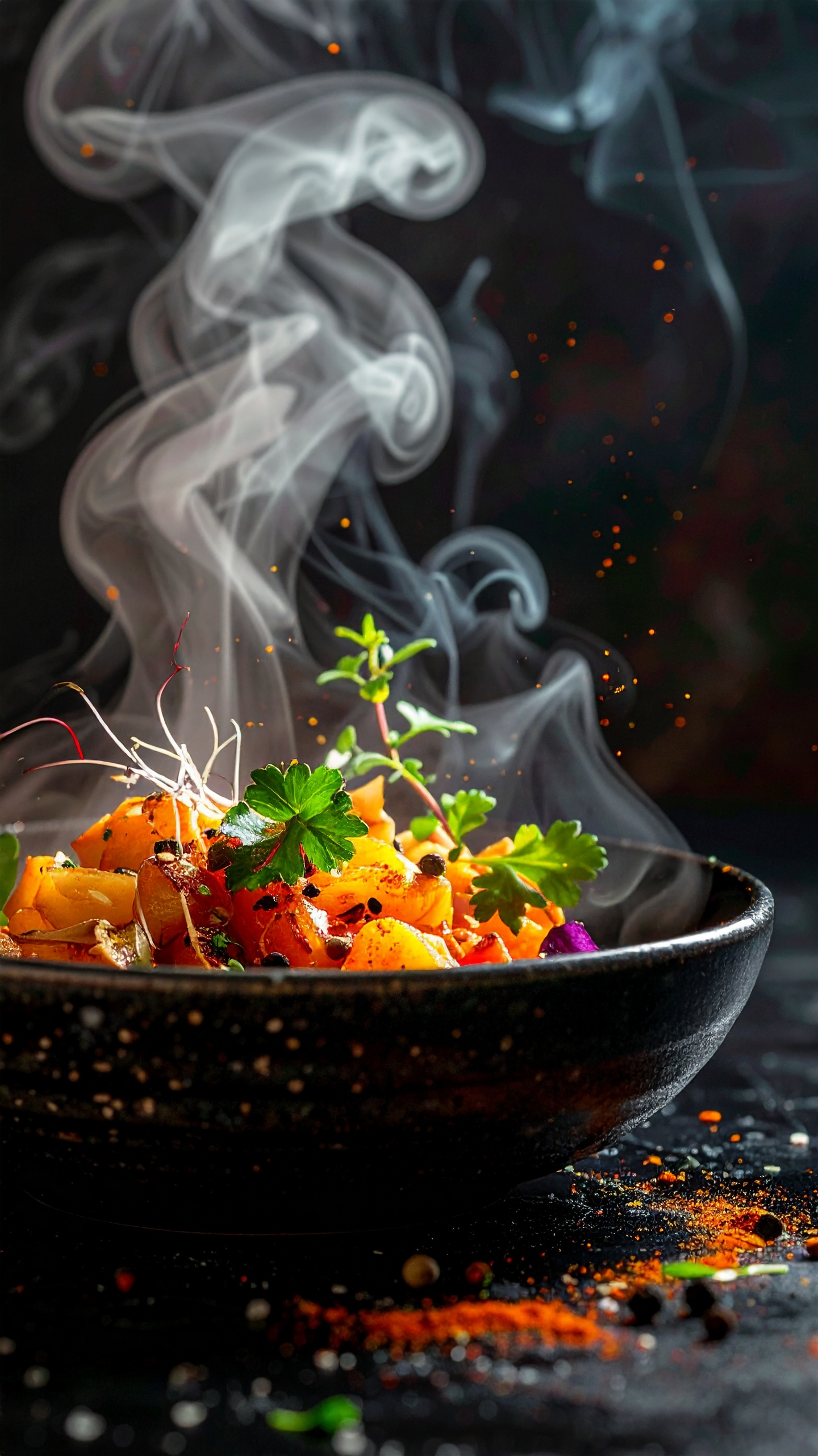Prato de comida apetitosa com vegetais coloridos e ervas frescas em um bowl escuro, envolto por fumaça suave e partículas brilhantes, criando uma atmosfera quente e gourmet. A iluminação dramática destaca as cores vibrantes e a textura rica dos ingredientes, enquanto o fundo escuro realça o contraste visual. A composição é cuidadosamente orquestrada para ressaltar a sofisticação e o apelo estético do prato.