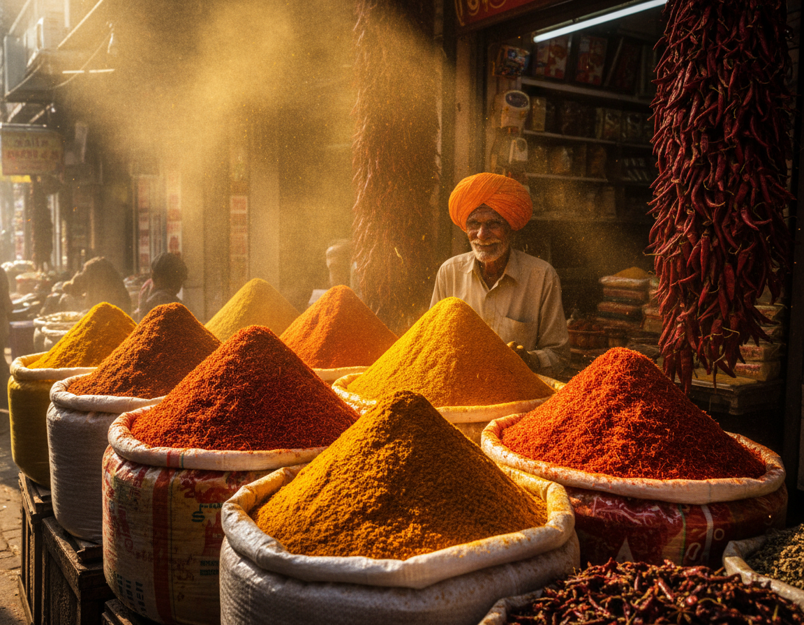 A vibrant spice market stall displays colorful mounds of spices in large sacks