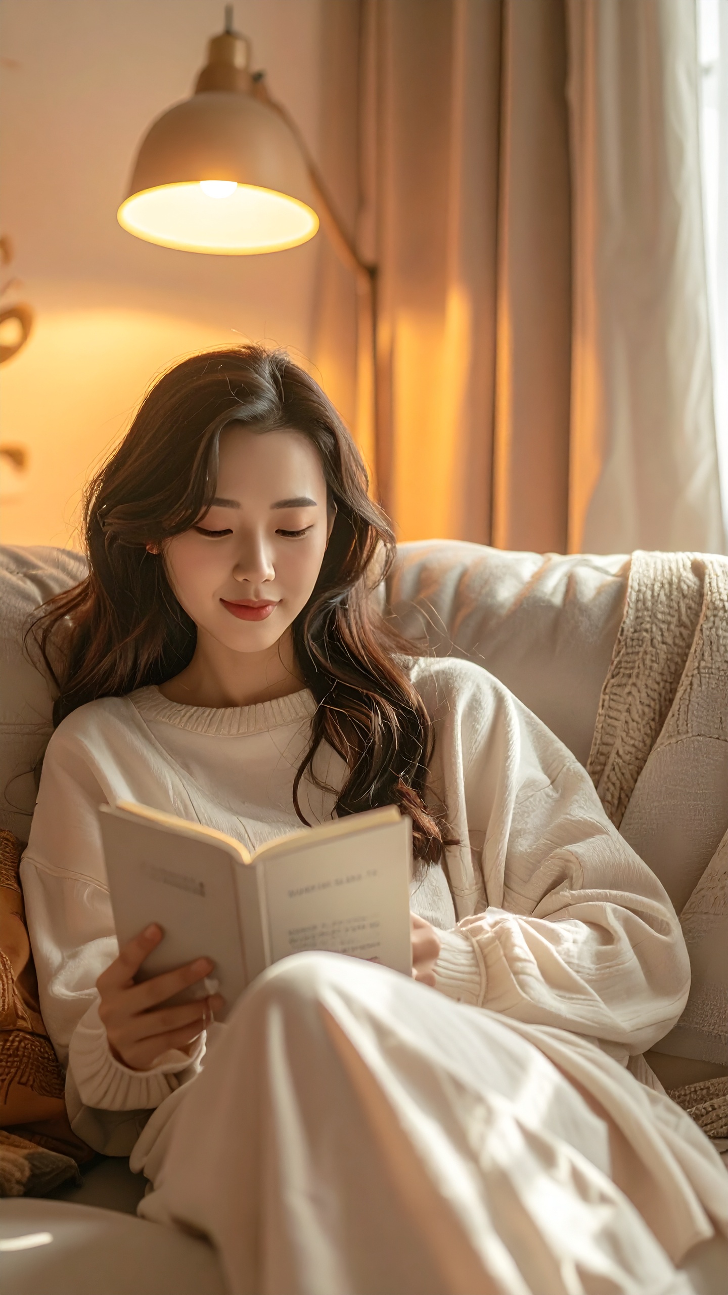 A woman relaxes on a cozy sofa, illuminated by warm ambient lighting, while reading a book