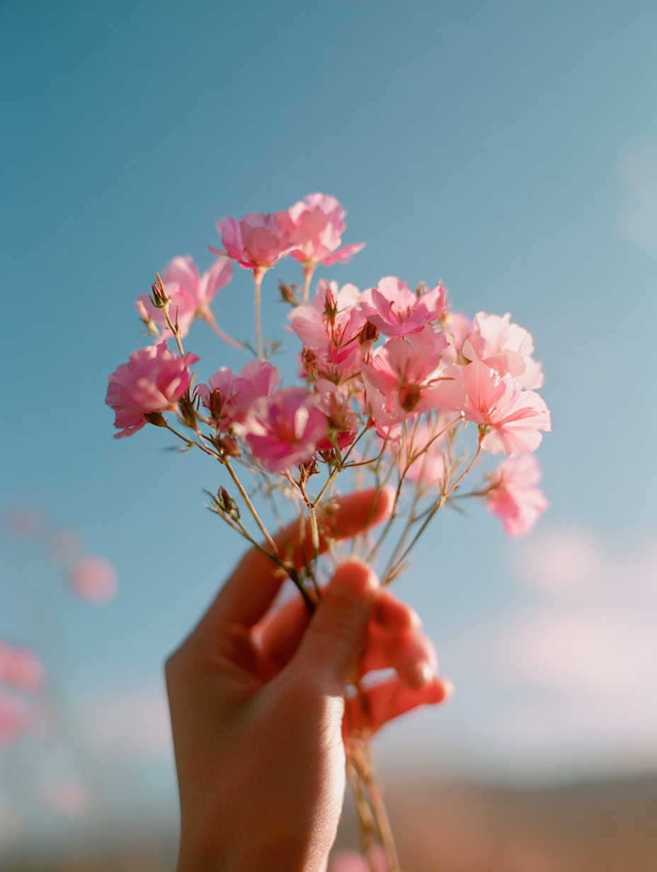 A imagem apresenta um fundo de céu azul claro, com nuvens suaves e difusas. No primeiro plano, uma mão segura um buquê de flores delicadas, predominantemente em tons de rosa, com algumas flores apresentando nuances ligeiramente mais claras e outras mais escuras. A composição é equilibrada, com as flores ocupando a parte superior da imagem, enquanto a mão é visível na parte inferior, criando um contraste visual entre a suavidade das flores e a textura da pele.