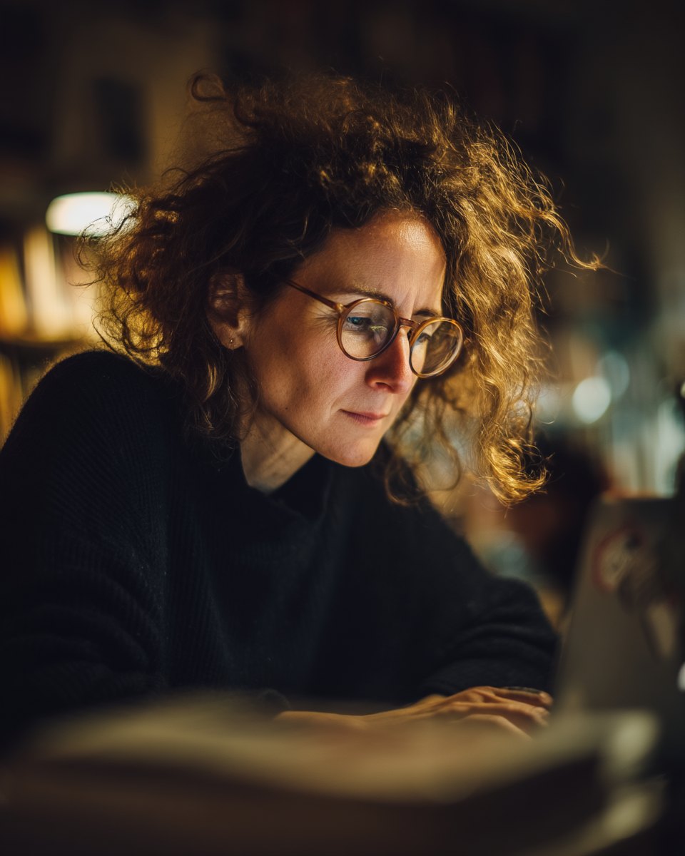 A imagem mostra uma mulher com cabelo cacheado e volumoso, usando óculos e concentrada em um laptop. Ela está vestida com um suéter escuro, e a iluminação suave destaca seu rosto e as texturas de seu cabelo. O fundo é desfocado, com uma paleta de cores quentes e suaves que criam uma atmosfera íntima e acolhedora.