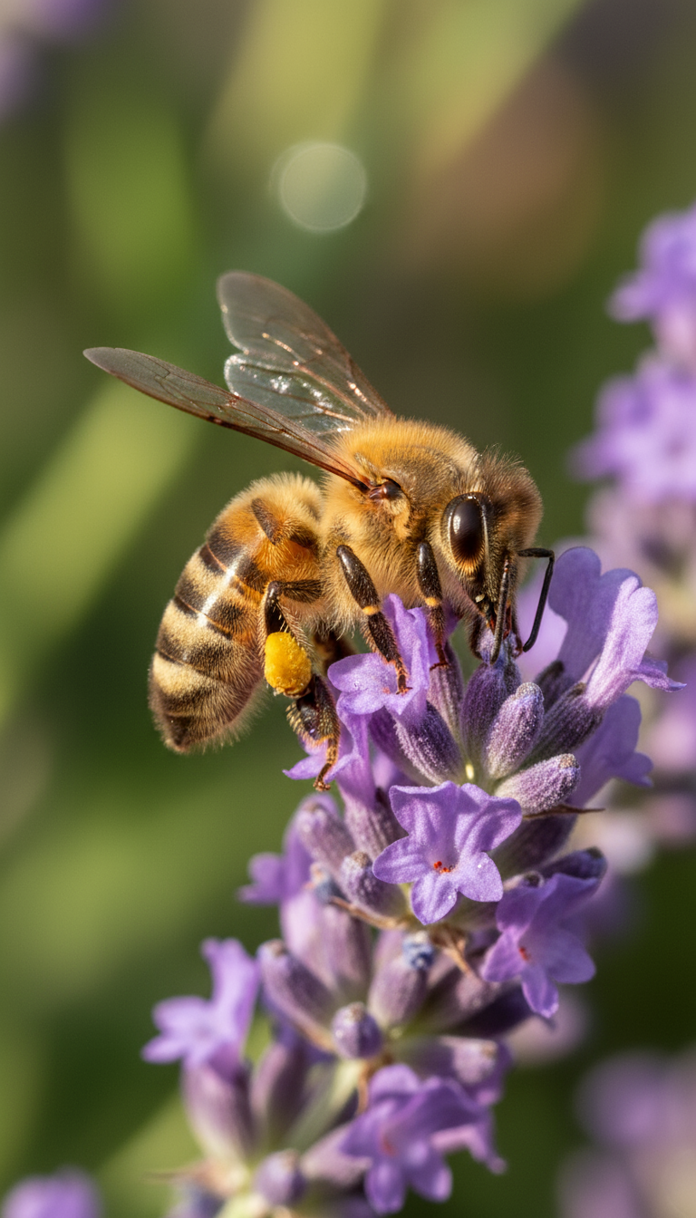 Macro de uma abelha melífera pousada em uma flor de lavanda roxa sob luz suave, destacando a relação simbiótica da polinização com cores vibrantes e detalhes nítidos.