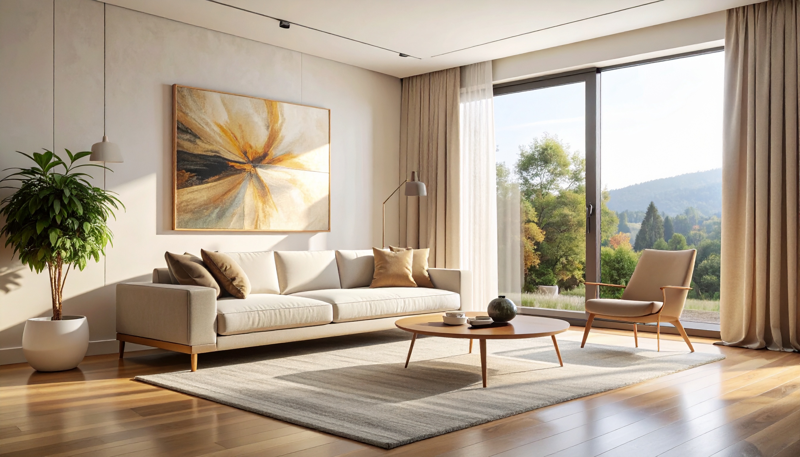 Elegant living room with a modern sofa and art piece