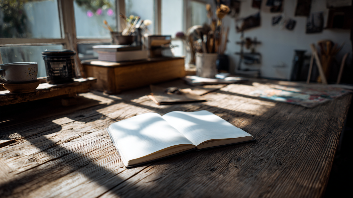 Mesa de trabalho iluminada com um caderno aberto, canecas e materiais de arte, em um ambiente criativo e inspirador. A luz do sol entra pelas janelas, criando sombras suaves sobre a madeira rústica.