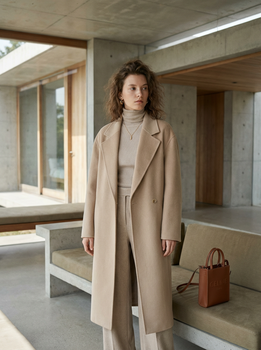 A woman stands elegantly in a modern concrete interior wearing a beige coat