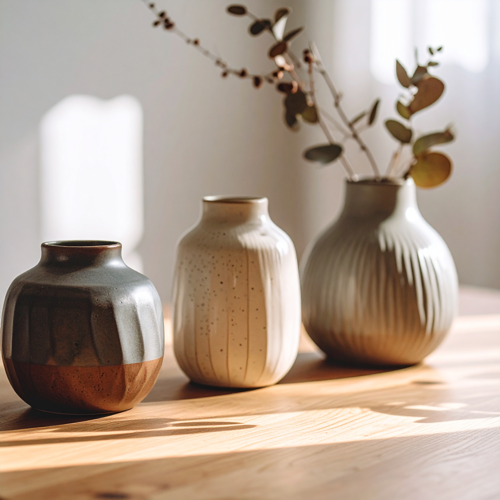 Three elegant ceramic vases sit gracefully on a sunlit wooden table