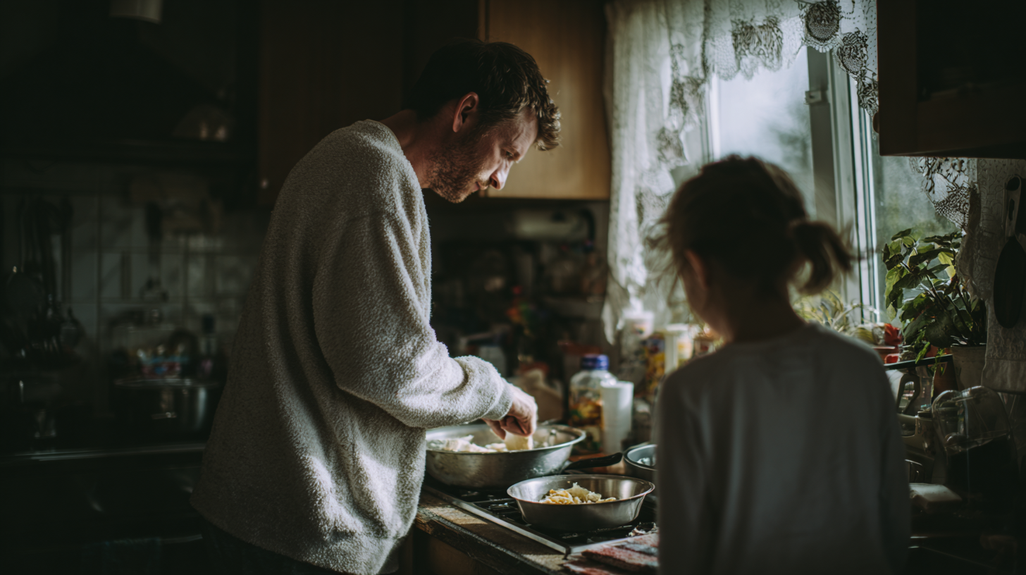 Um homem e uma menina preparando comida na cozinha, com um ambiente acolhedor e iluminado pela luz natural, destacando a interação familiar e o ato de cozinhar juntos.
