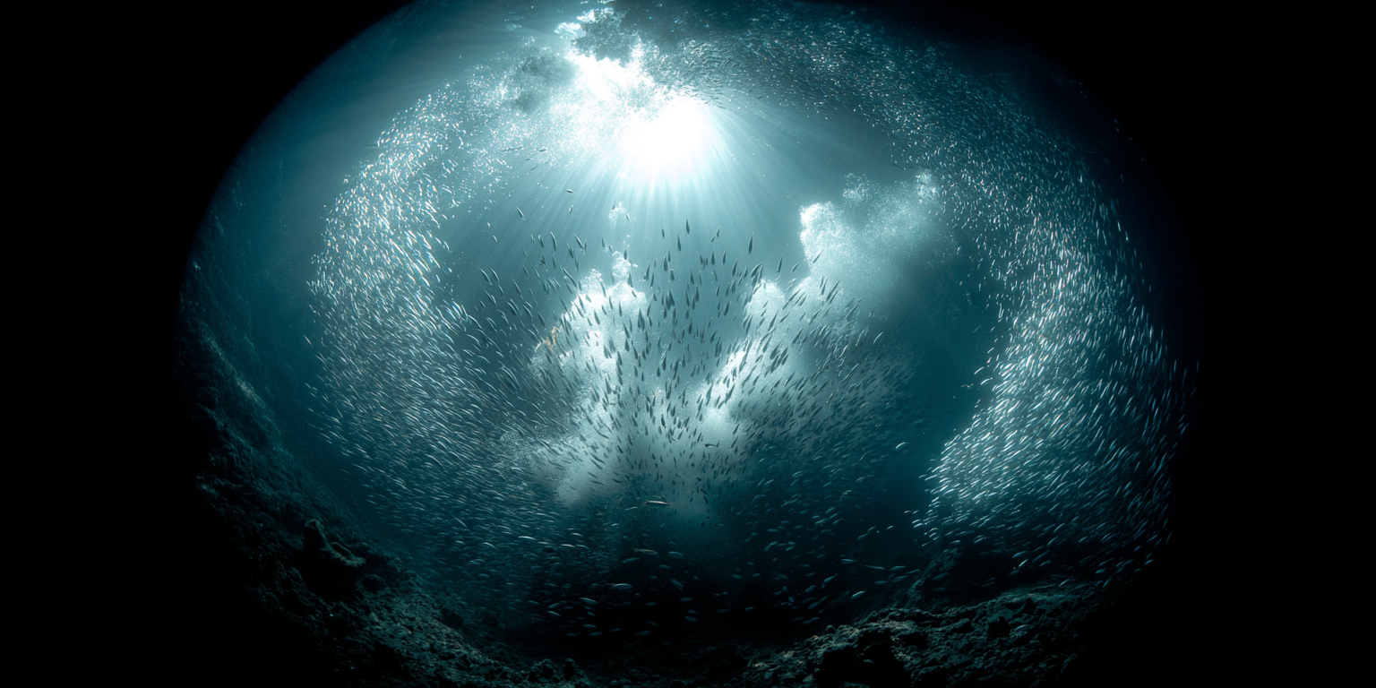 A imagem apresenta uma cena subaquática com luzes que penetram a água, criando um efeito etéreo. Tons de azul e verde predominam, enquanto partículas de luz se dispersam entre cardumes de peixes em movimento. A composição é dominada por um fundo escuro que contrasta com a luminosidade da superfície, destacando a vida marinha em um ambiente profundo.