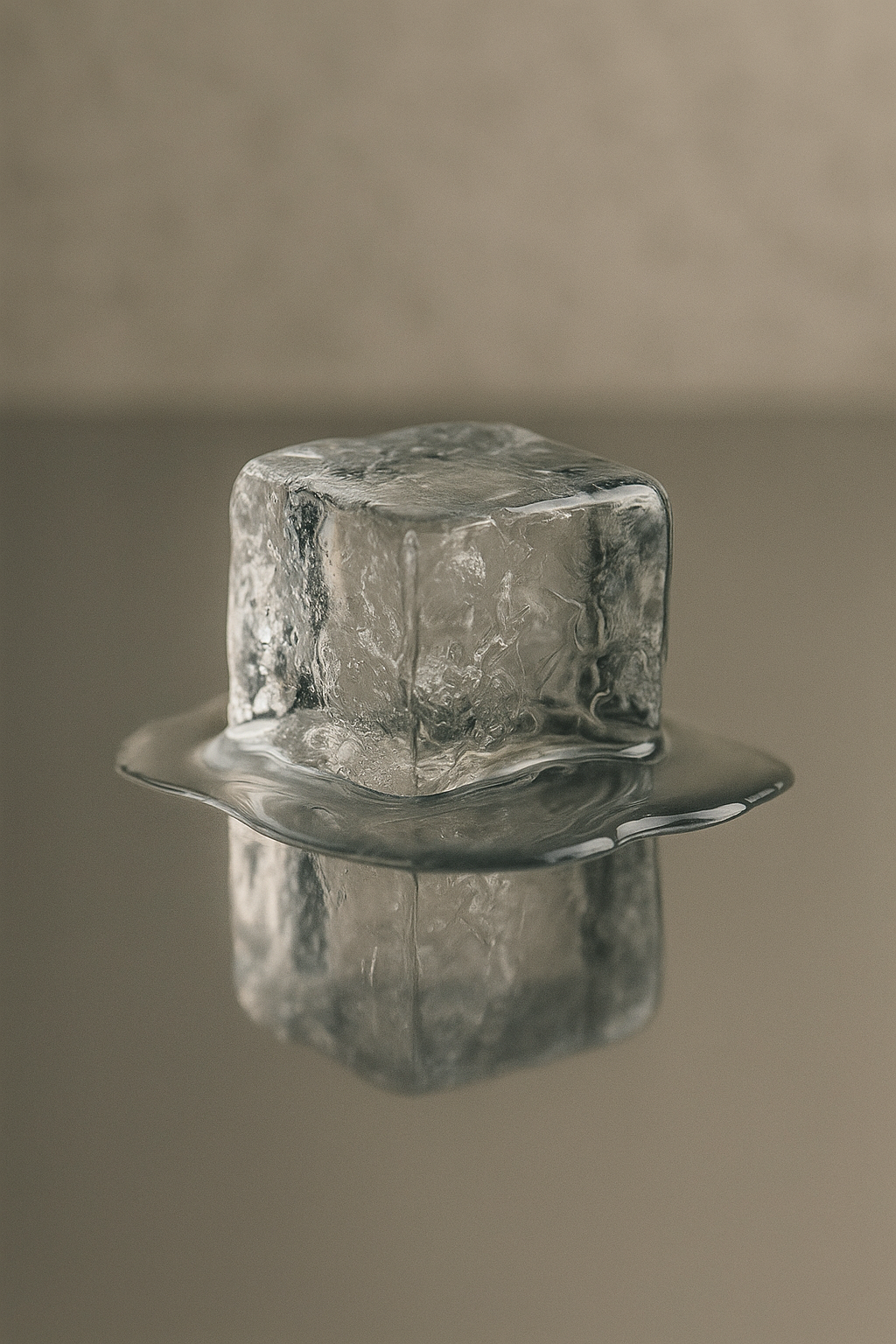 Cubo de gelo parcialmente derretido sobre superfície reflexiva, destacando texturas cristalinas e transparência. Iluminação suave e uniforme cria um ambiente sereno e minimalista, com foco nítido no centro da imagem.