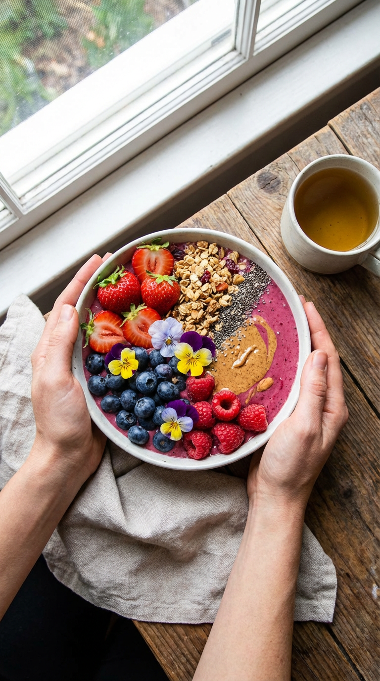 A vibrant smoothie bowl is topped with fresh fruits, granola, and edible flowers