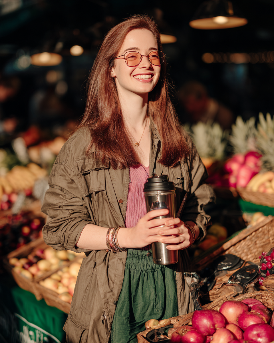 Mulher sorridente em mercado ao ar livre, segurando um copo térmico de metal. A luz suave do sol ilumina seu rosto, criando uma atmosfera acolhedora. Ela usa óculos de sol e uma jaqueta verde, rodeada por frutas frescas em cestos. O fundo é desfocado, enfatizando sua expressão alegre, com foco nítido na figura principal.