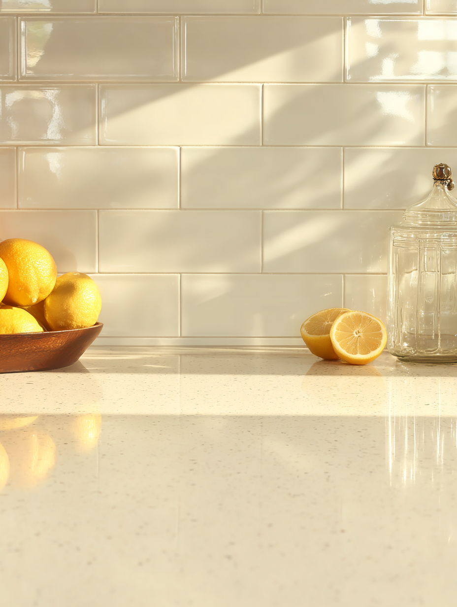 Imagem de uma cozinha iluminada pelo sol, com bancada de granito claro refletindo a luz. Limões frescos em uma tigela de madeira no canto esquerdo contrastam com o azulejo branco ao fundo. Um limão cortado ao meio e um pote de vidro com tampa completam a cena, criando uma atmosfera doméstica e acolhedora. A composição destaca a textura dos materiais e a iluminação suave.