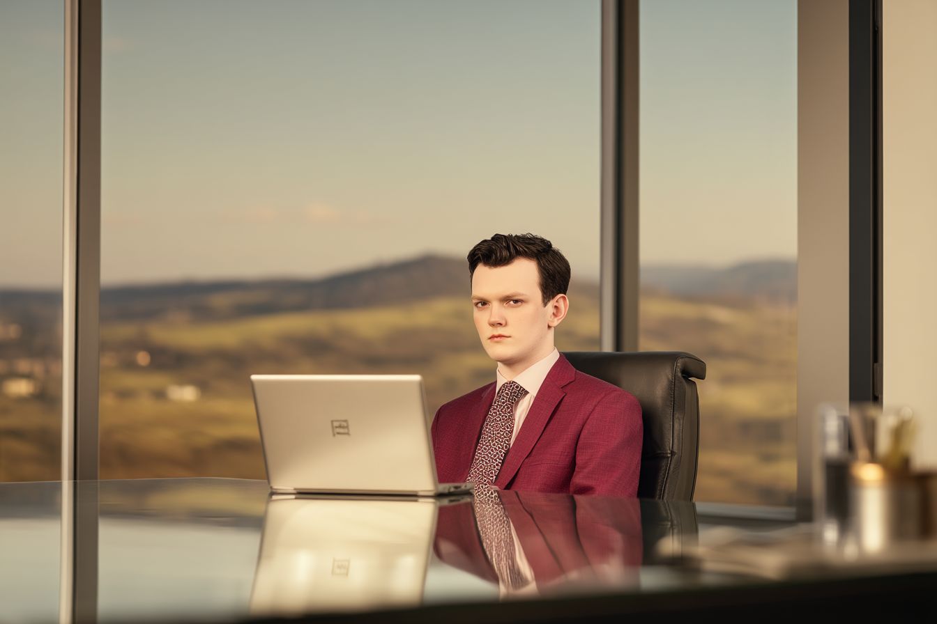 Um jovem profissional em um escritório moderno, vestindo um terno vermelho e uma gravata com padrão, sentado em uma cadeira de escritório em frente a um laptop prateado. Através da janela, uma vista panorâmica de uma paisagem montanhosa ao fundo, refletindo um ambiente corporativo sofisticado.