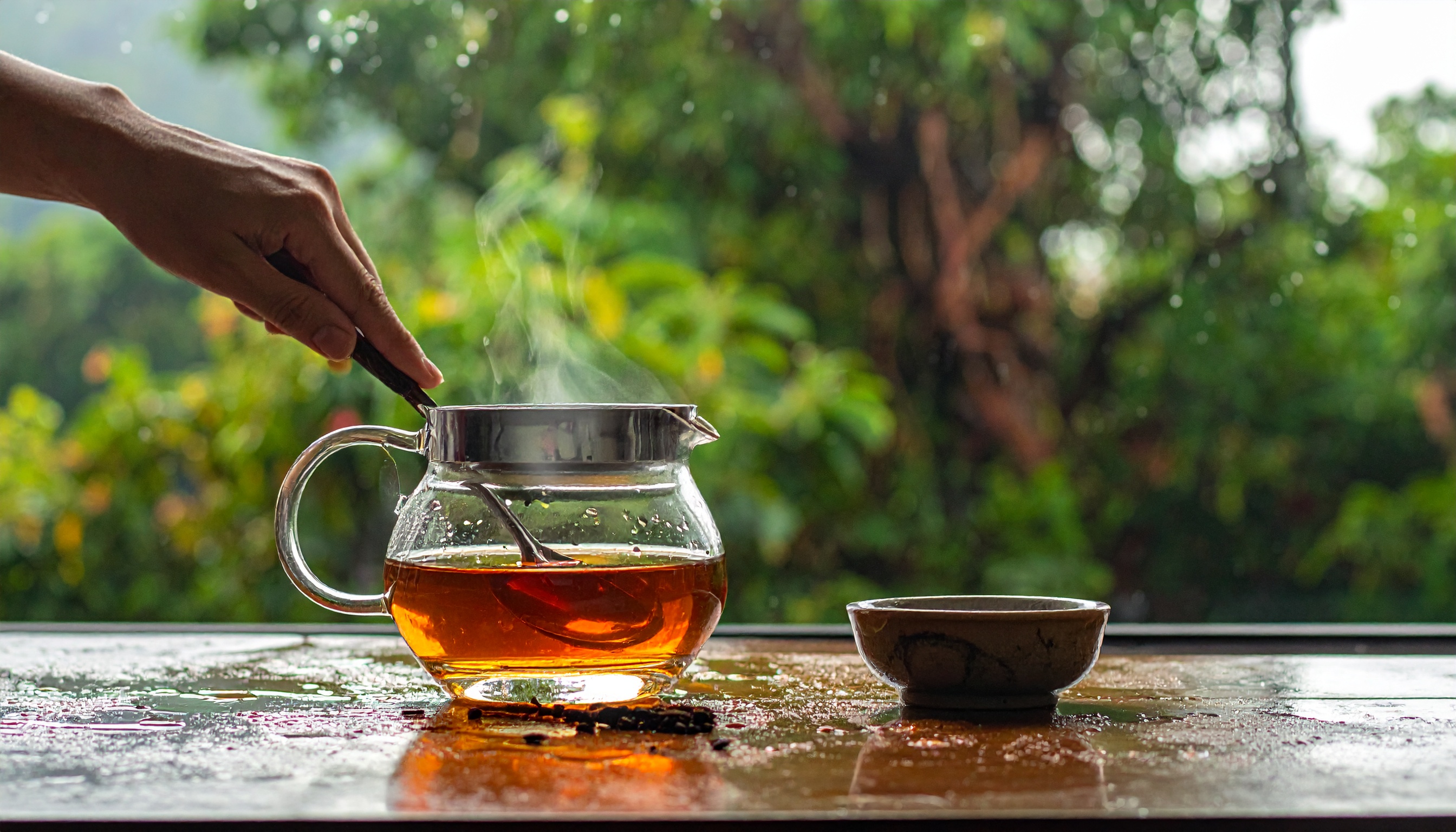 A glass teapot filled with steaming tea is placed on a wooden table
