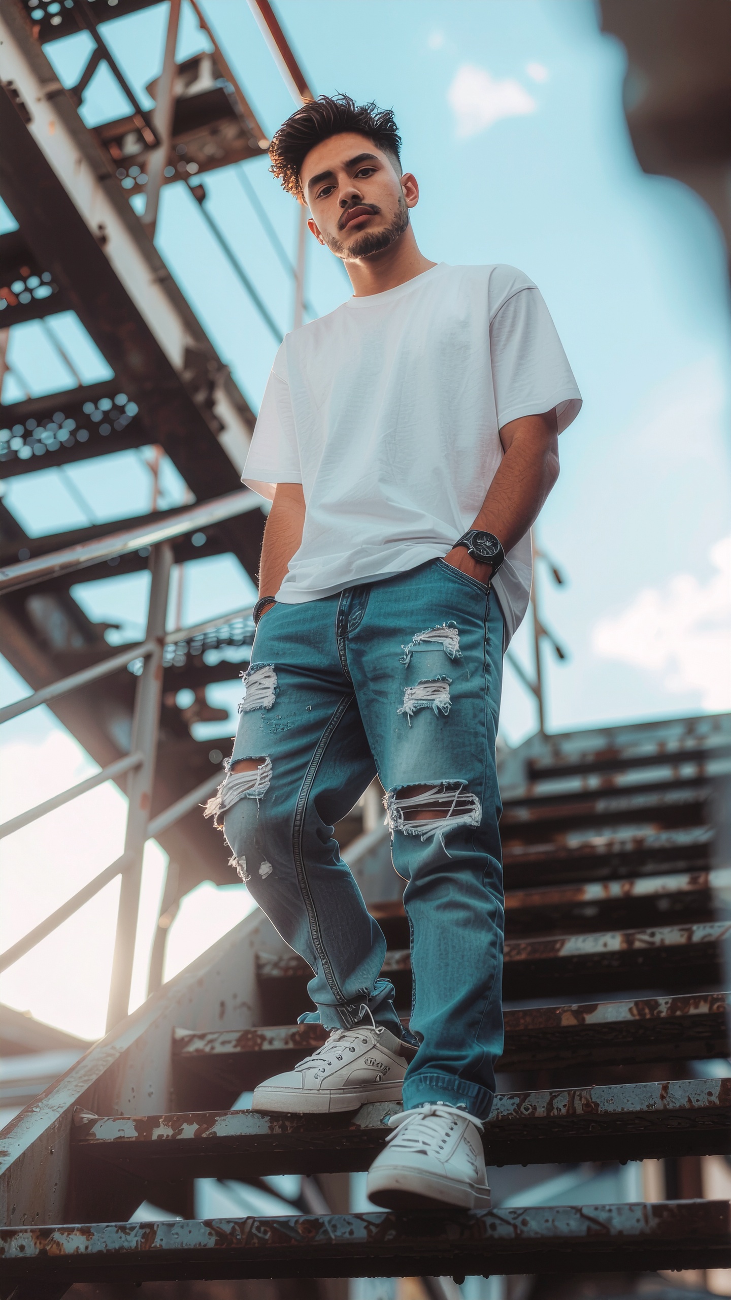 Confident Young Man in Casual Style on Outdoor Industrial Staircase