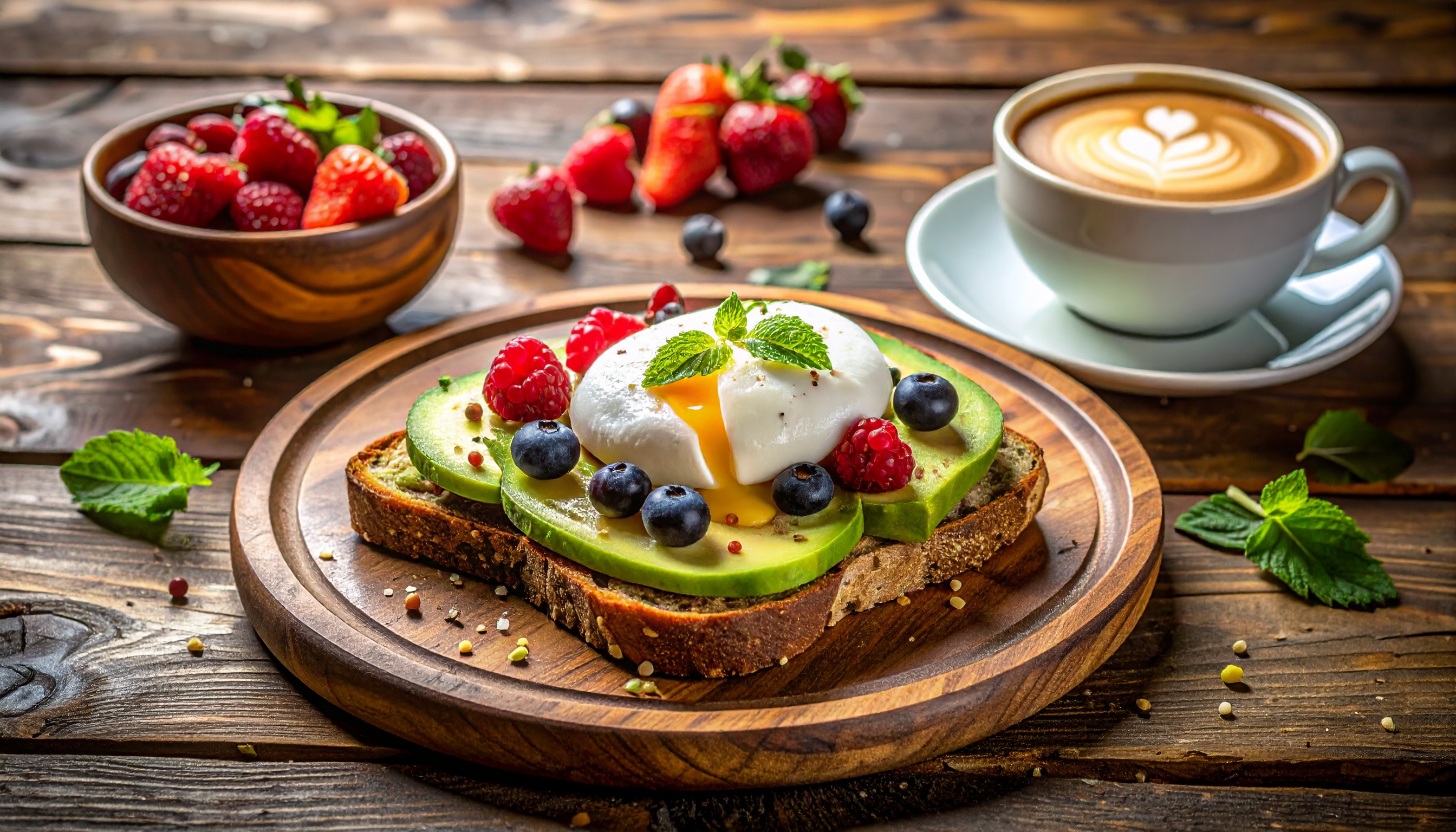 A vibrant breakfast featuring avocado toast with poached egg and berries on a rustic wooden table