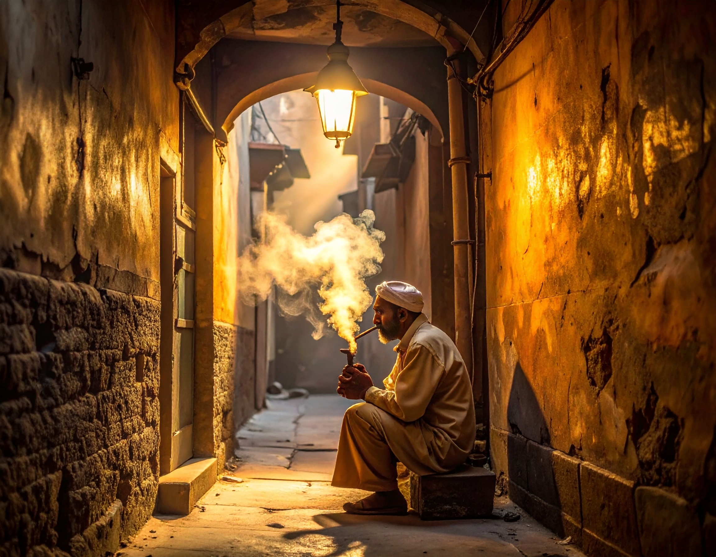 A man enjoys a hookah in a narrow, warmly lit alleyway