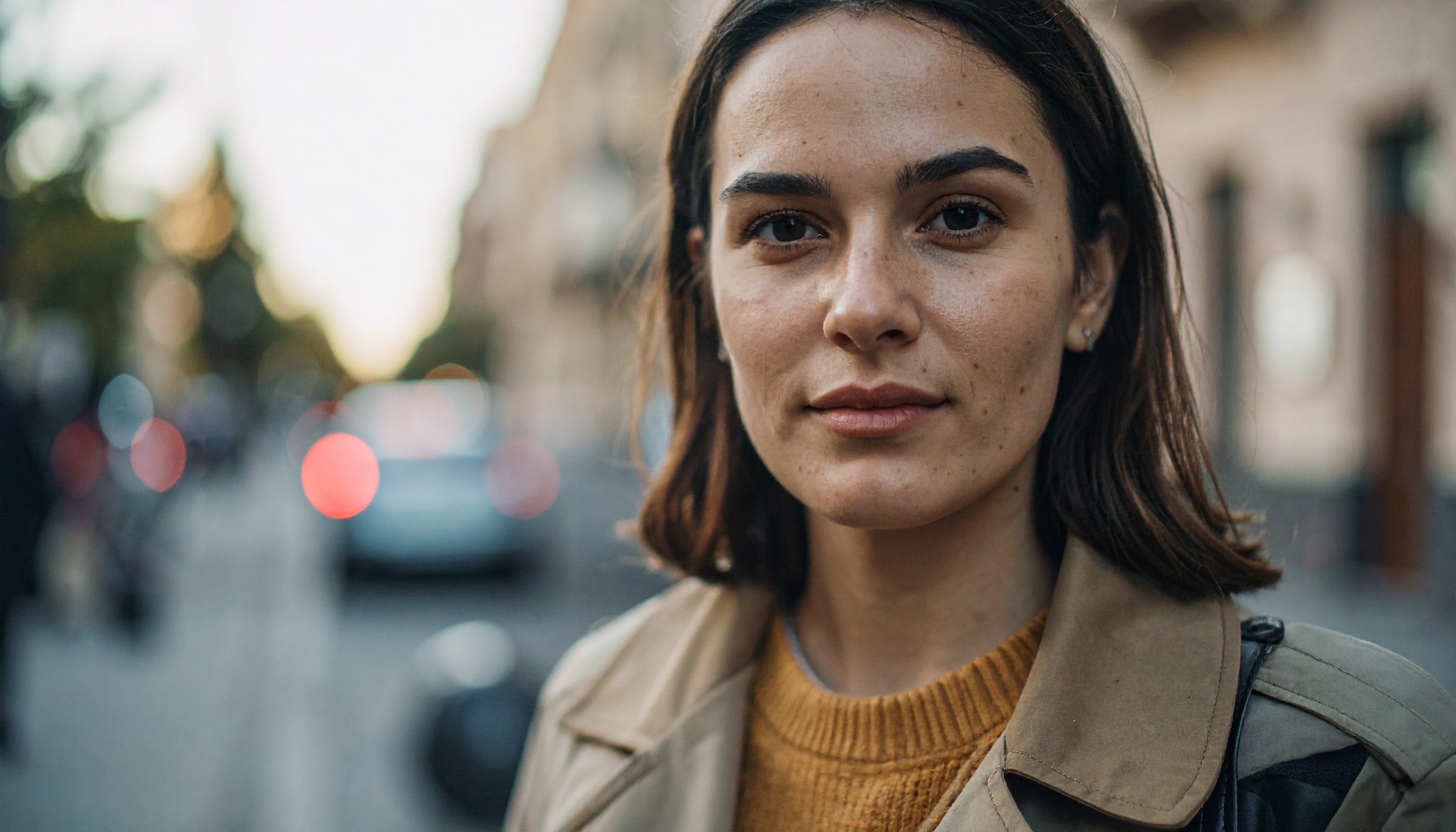 A woman in a beige coat stands confidently on a bustling urban street