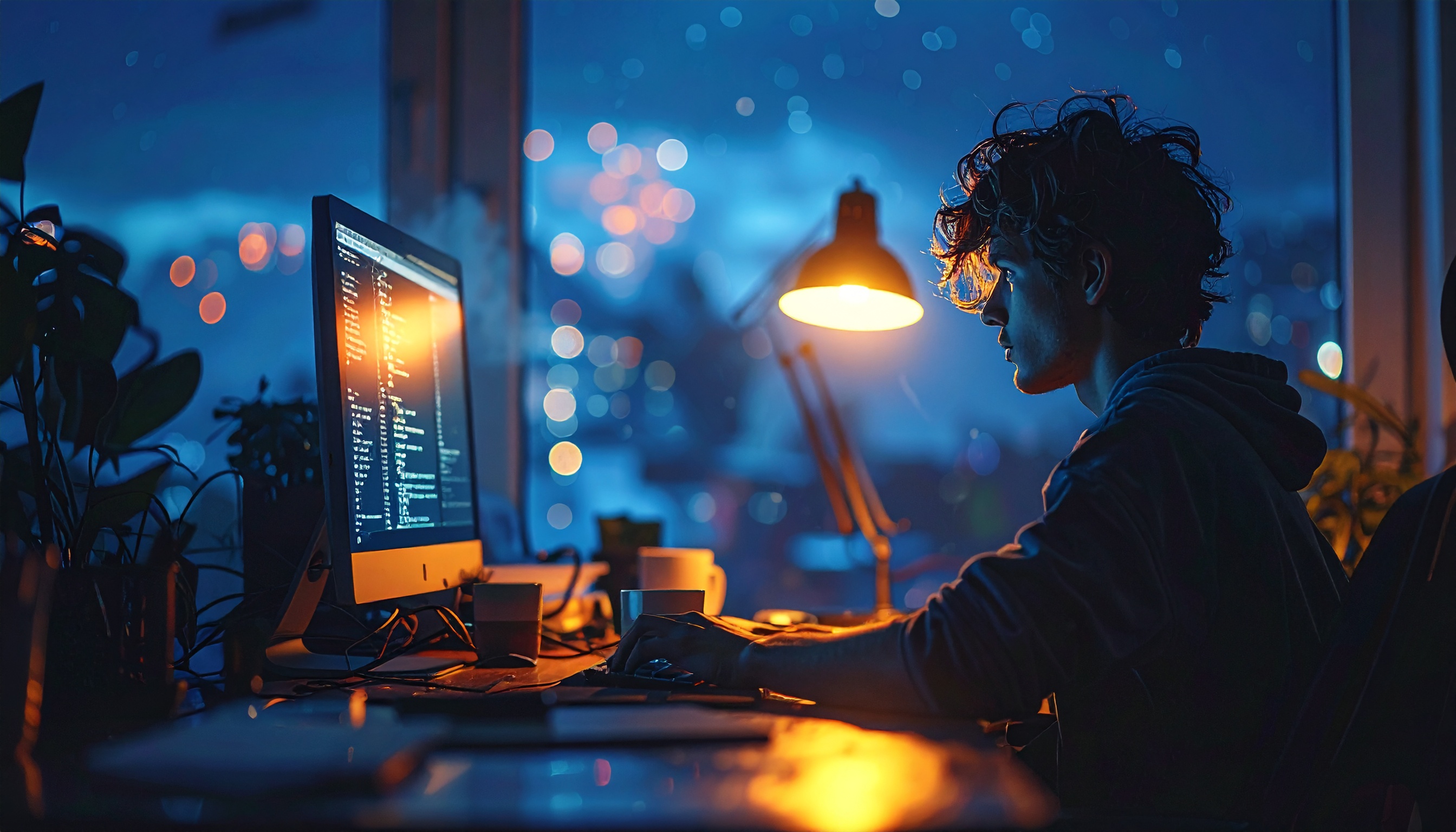 Jovem programador trabalhando em um computador em um ambiente noturno, iluminado pela luz quente de um abajur. O ambiente possui uma atmosfera tranquila e concentrada, com um fundo de cidade desfocado e luzes brilhantes. A composição em perfil destaca a iluminação contrastante entre o brilho da tela e a luz ambiente, criando uma sensação de foco e dedicação.
