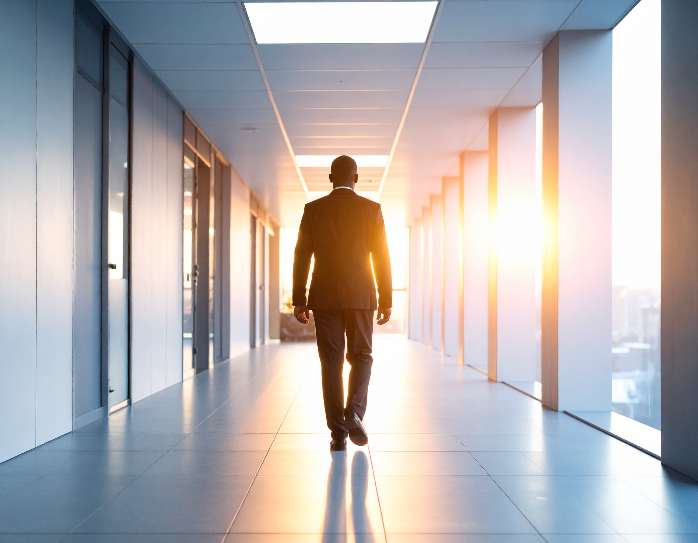 Homem de terno caminha por um corredor iluminado pelo sol poente, criando um efeito dramático de luz e sombra. O ambiente moderno e minimalista reflete um estilo corporativo, com linhas retas e colunas contínuas. A composição centralizada destaca a simetria, enquanto a iluminação suave confere uma atmosfera contemplativa e profissional. O foco nítido e a perspectiva linear enfatizam a profundidade do espaço.