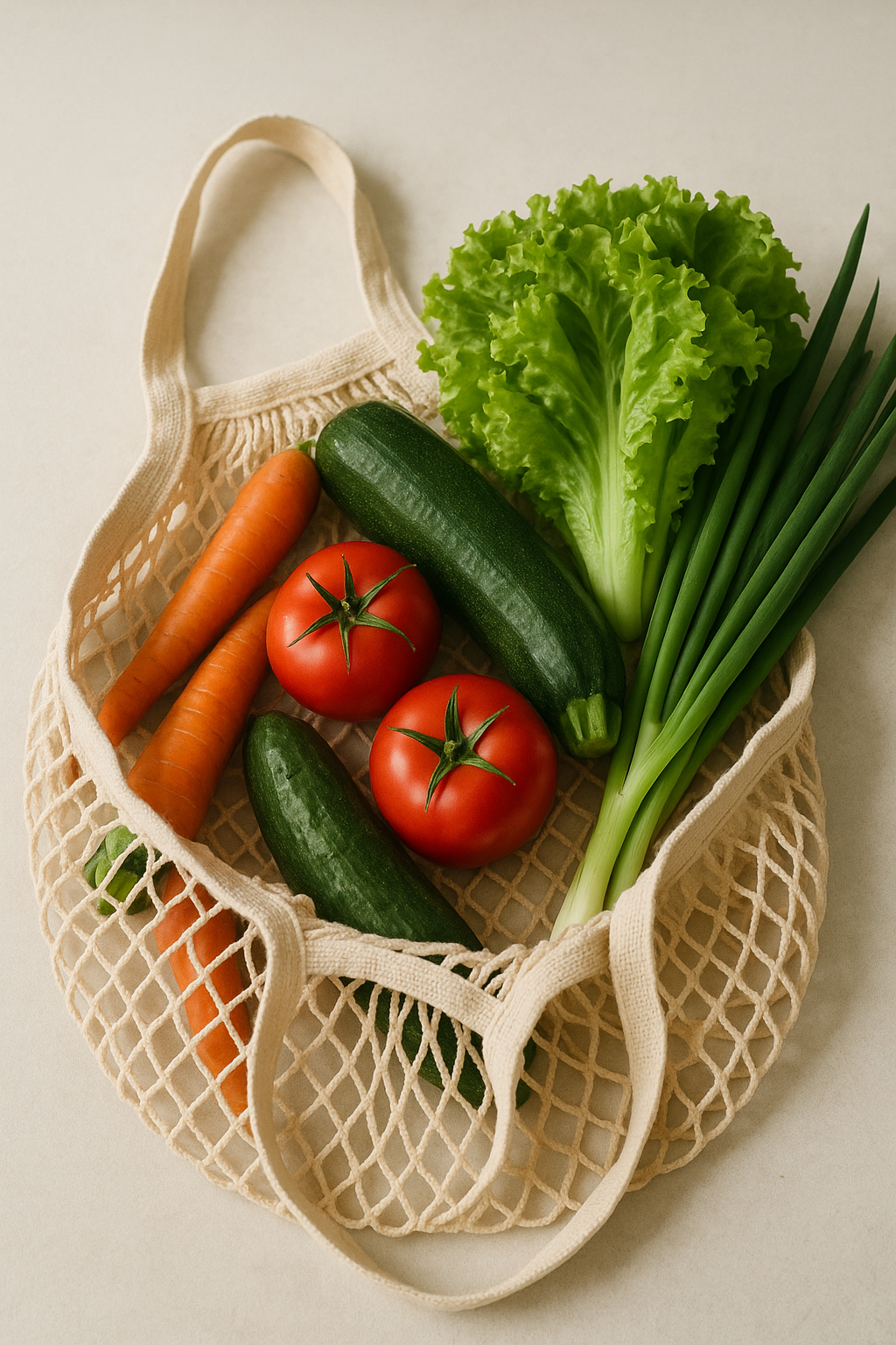 Cesta de malha contendo uma seleção de vegetais frescos, incluindo tomates vermelhos, pepinos verdes, cenouras laranjas, alface e cebolinhas. O fundo claro destaca as cores vibrantes dos vegetais, criando uma composição harmoniosa e natural. A iluminação suave realça a textura das folhas e a superfície lisa dos tomates, enquanto o ângulo de visão superior oferece uma visão completa da disposição dos itens.