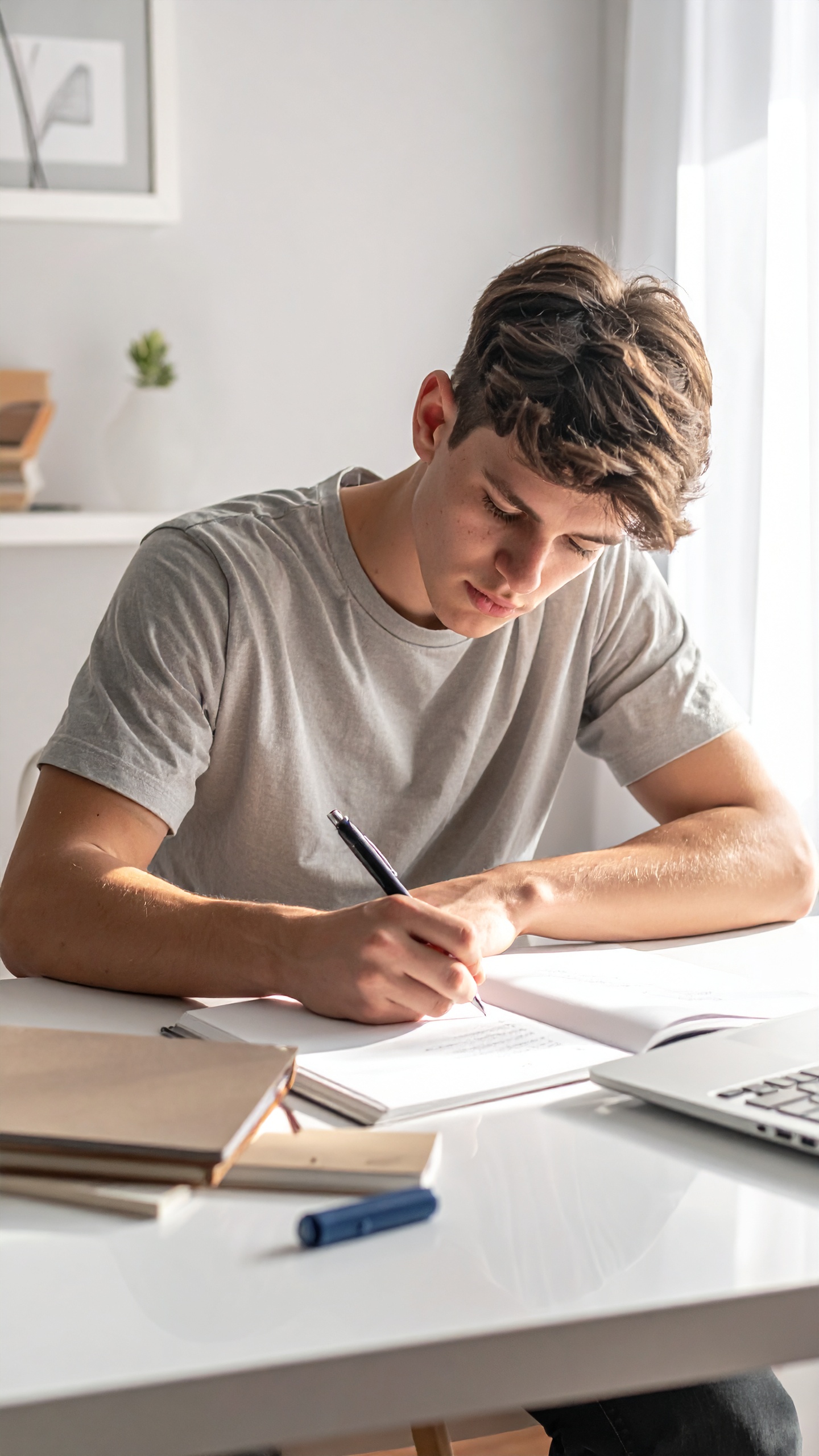 A young man focuses intently while writing at a desk bathed in natural light