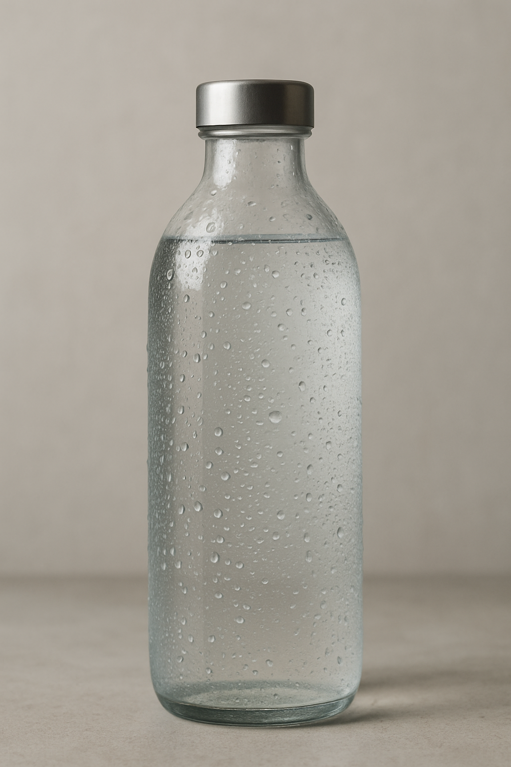 Garrafa de vidro transparente com tampa metálica em fundo neutro, coberta de gotas de água, destacando sua superfície texturizada. A iluminação suave realça as gotas e a transparência do vidro, criando uma composição minimalista e elegante. O foco é nítido, capturando cada detalhe das gotas na superfície da garrafa.