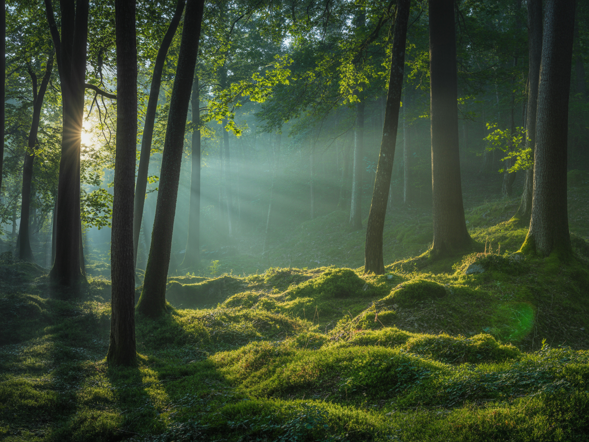 Lush Forest with Tall Trees Filtering Soft Sunlight