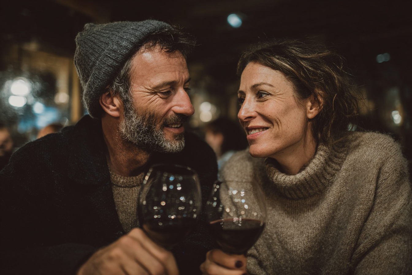 Um casal sorridente brindando com taças de vinho tinto em um ambiente aconchegante e iluminado, transmitindo alegria e intimidade. A mulher usa um suéter claro e o homem está vestido com uma jaqueta escura e um gorro, ambos parecendo felizes em um momento especial.