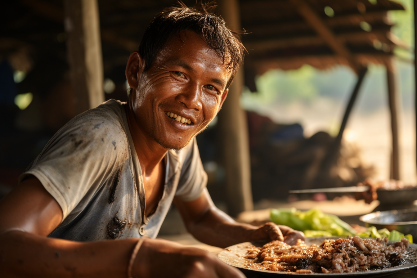 Homem sorridente segurando um prato de carne assada em um ambiente rural, com luz natural ao fundo. A imagem captura a alegria de um trabalhador que aprecia sua refeição após um dia de trabalho.