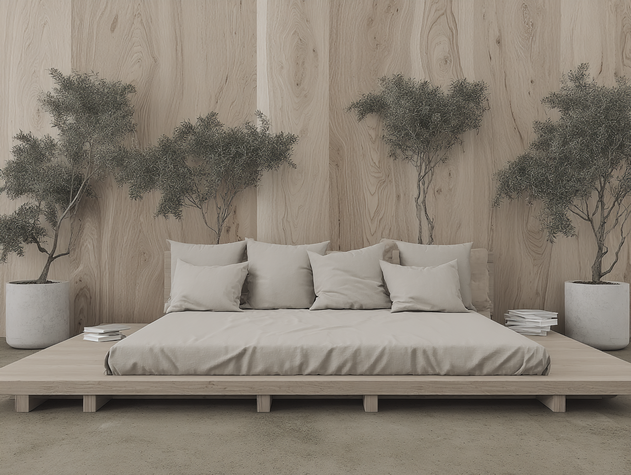 Quarto minimalista com cama baixa de madeira clara, cercada por plantas em vasos e parede de madeira natural. Almofadas neutras complementam a paleta terrosa. Composição simétrica com iluminação suave criando uma atmosfera tranquila e serena, ideal para relaxamento.