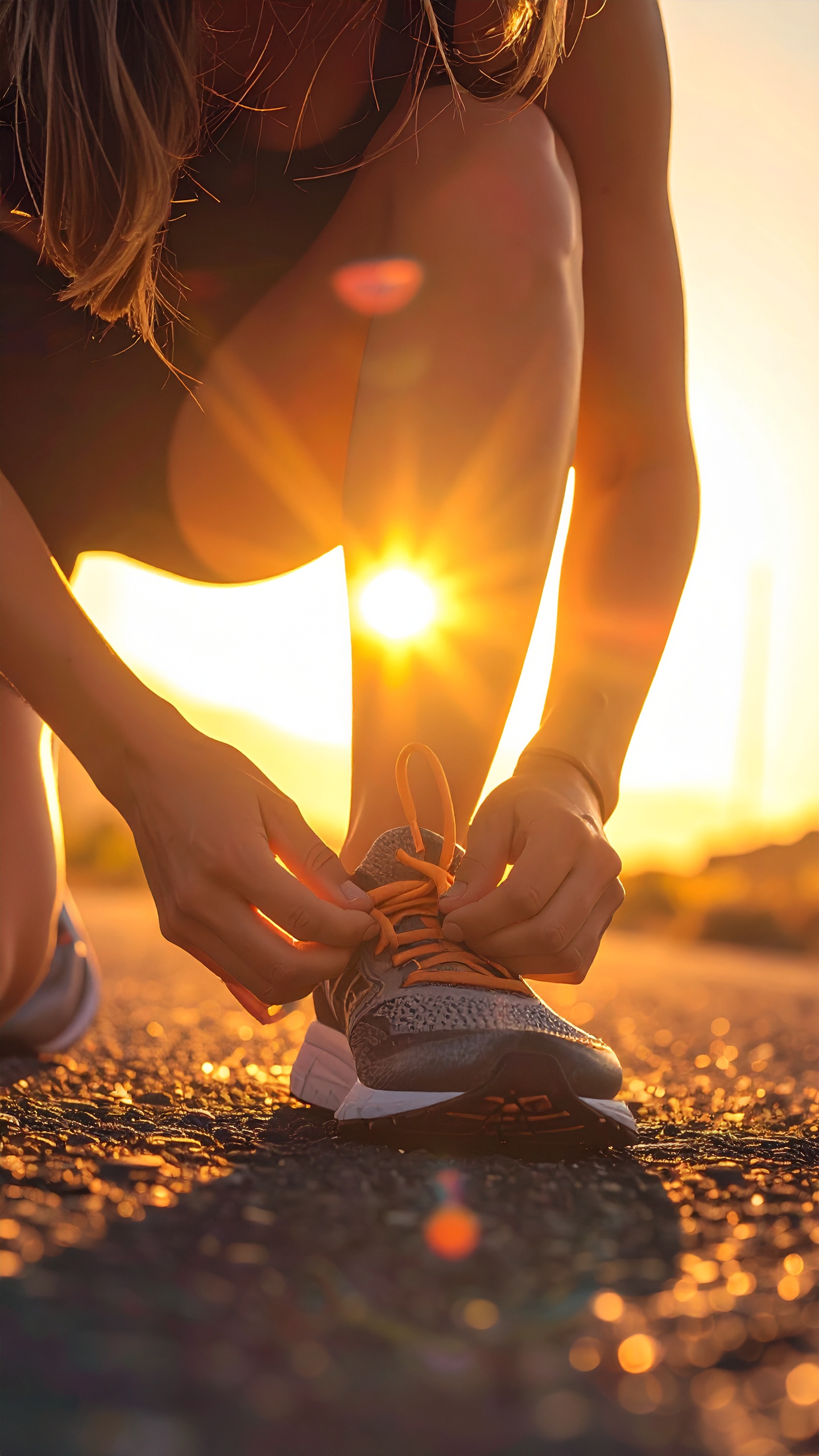 Pessoa amarrando cadarço de tênis em uma estrada ao pôr do sol, com iluminação dourada ressaltando texturas e criando uma atmosfera serena e dinâmica, foco na ação e composição equilibrada.