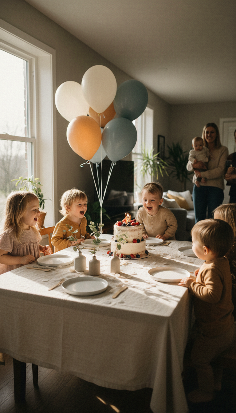 A joyful children's birthday celebration features a cake and balloons in a cozy home setting