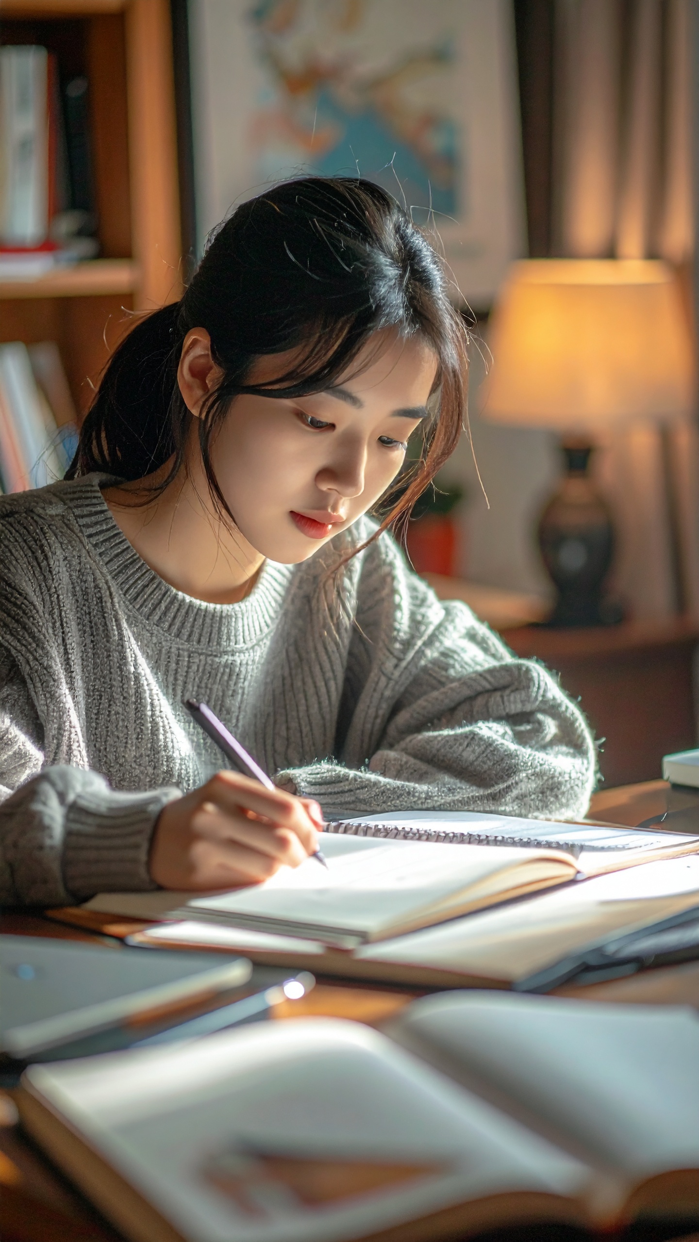 A young woman studies diligently at a wooden desk illuminated by soft, ambient lighting