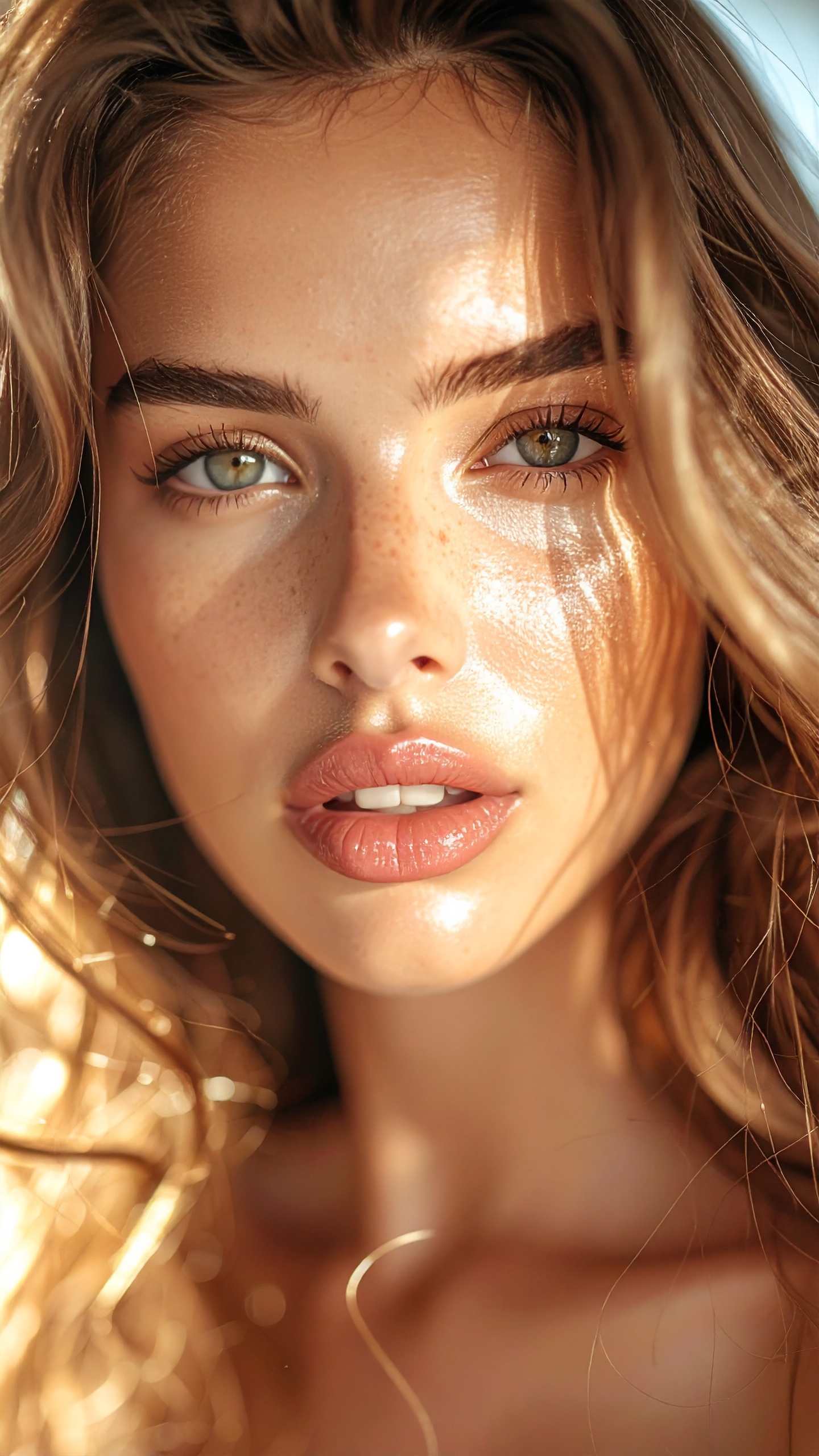 Close-up of a woman with sunlit hair and glowing skin