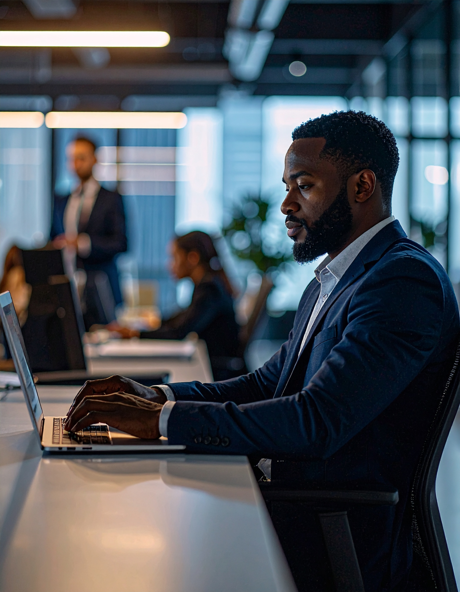 Homem elegante em terno trabalhando concentrado em laptop em um escritório moderno e iluminado, transmitindo profissionalismo e foco em ambiente corporativo contemporâneo.