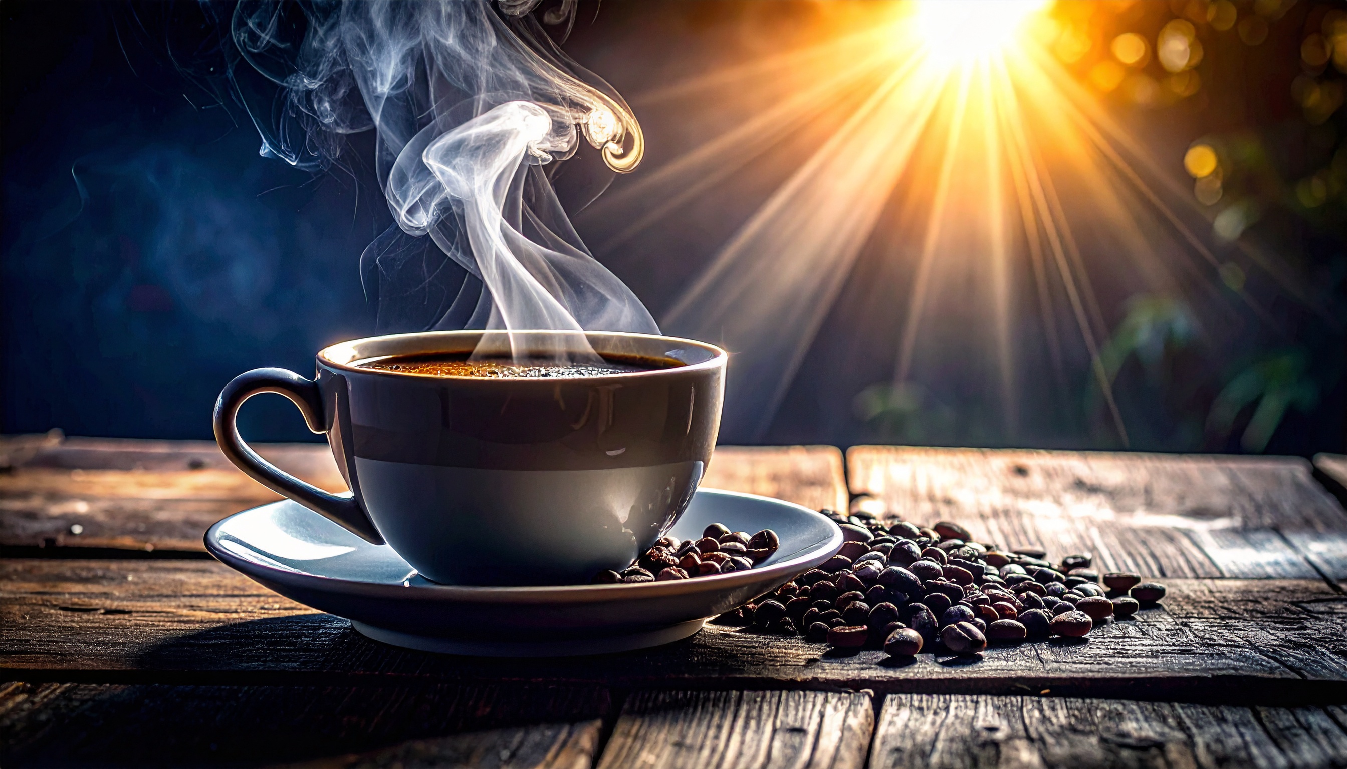 Steaming Coffee Cup on Wooden Table