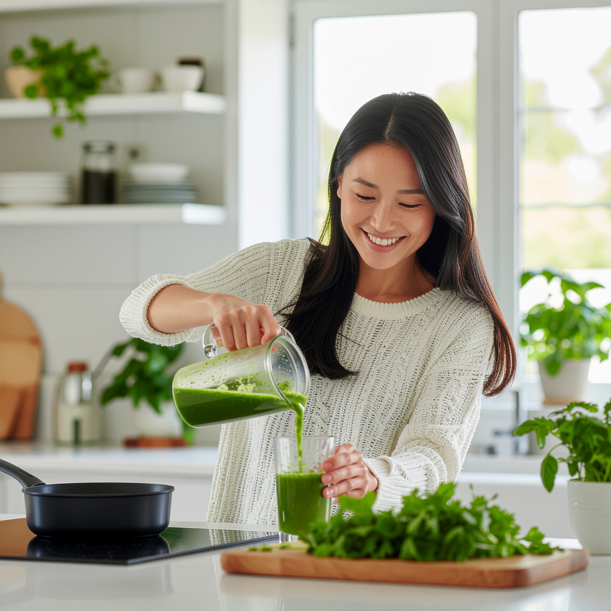 Mulher sorridente em cozinha moderna e iluminada por luz natural, vestindo suéter branco, enquanto despeja suco verde de jarra em um copo. Plantas e utensílios nas prateleiras ao fundo. Composição equilibrada, foco nítido, atmosfera acolhedora e saudável.