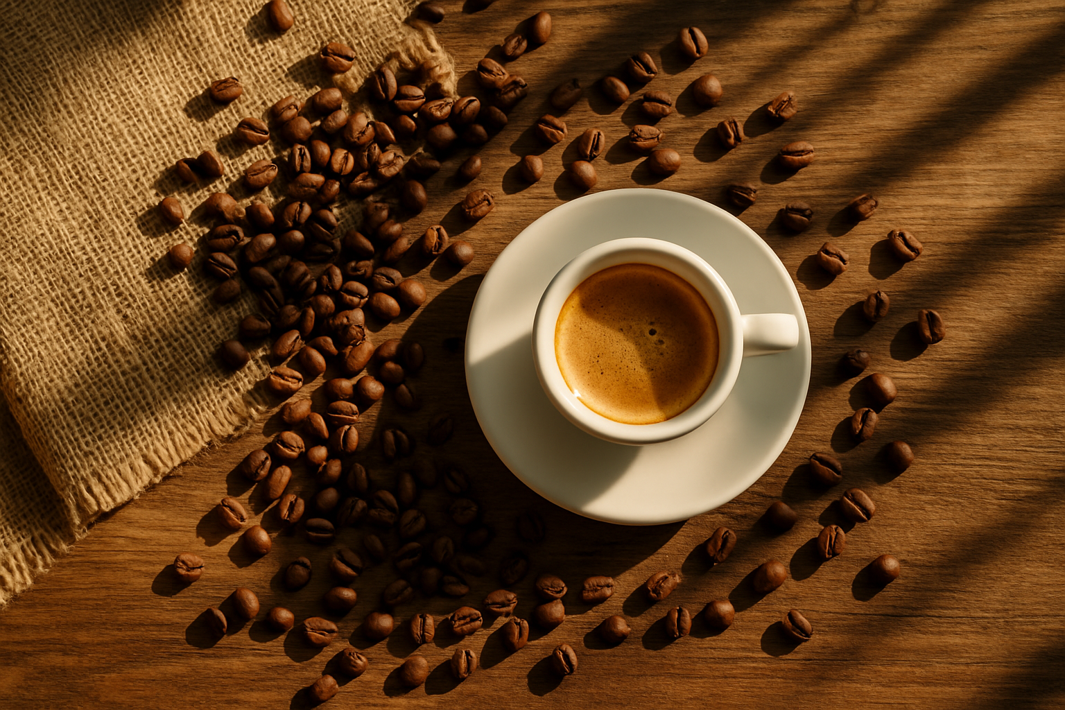 A steaming cup of espresso sits invitingly on a wooden table surrounded by scattered coffee beans
