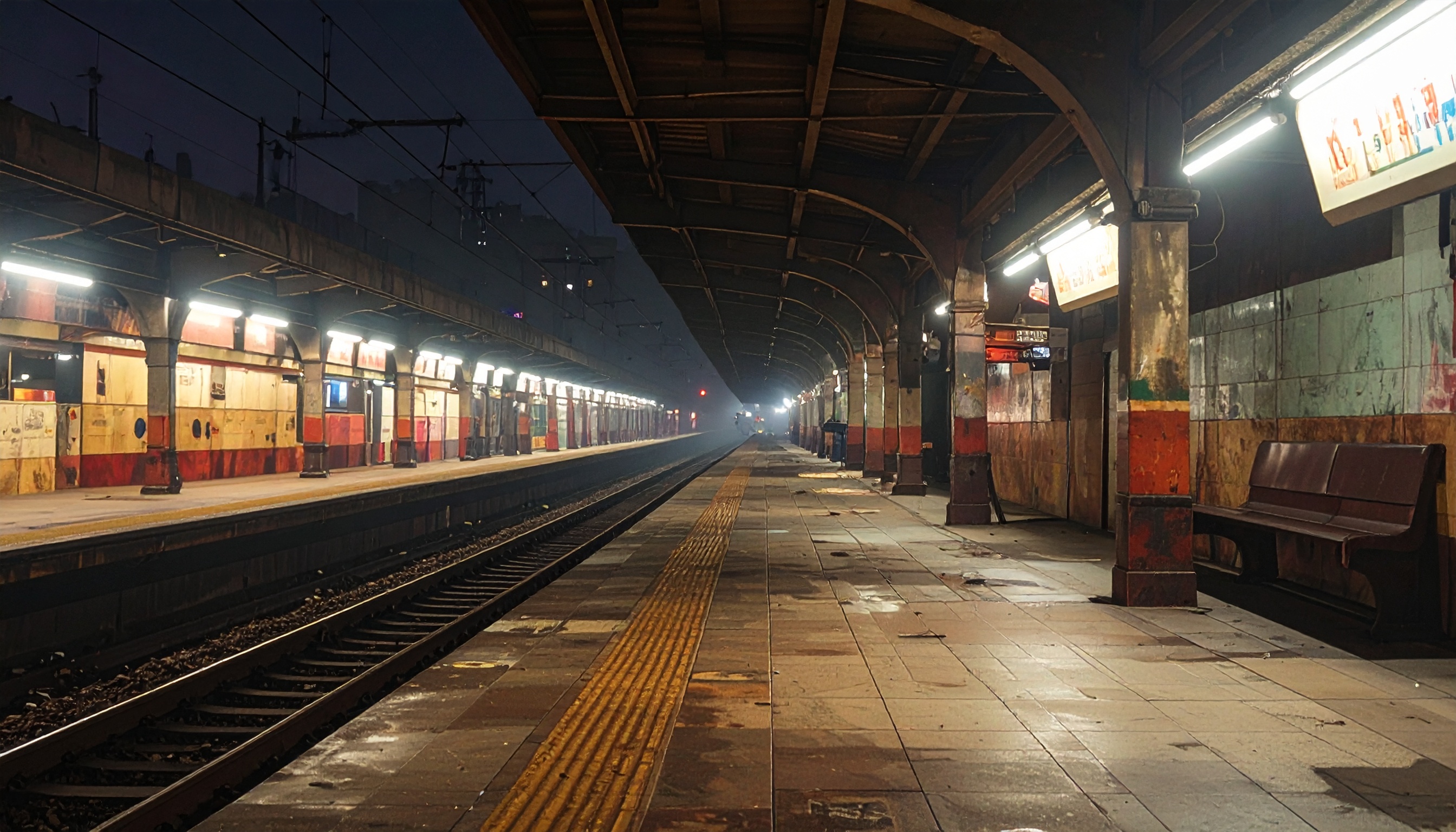 An empty, dimly lit train station platform at night creates a sense of solitude and anticipation