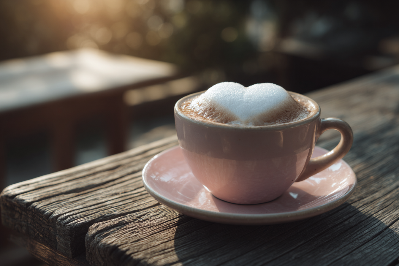 Uma xícara de café com espuma em forma de coração, sobre um pires rosa, em uma mesa de madeira. A luz suave do sol ilumina a cena, criando um ambiente acolhedor e romântico.