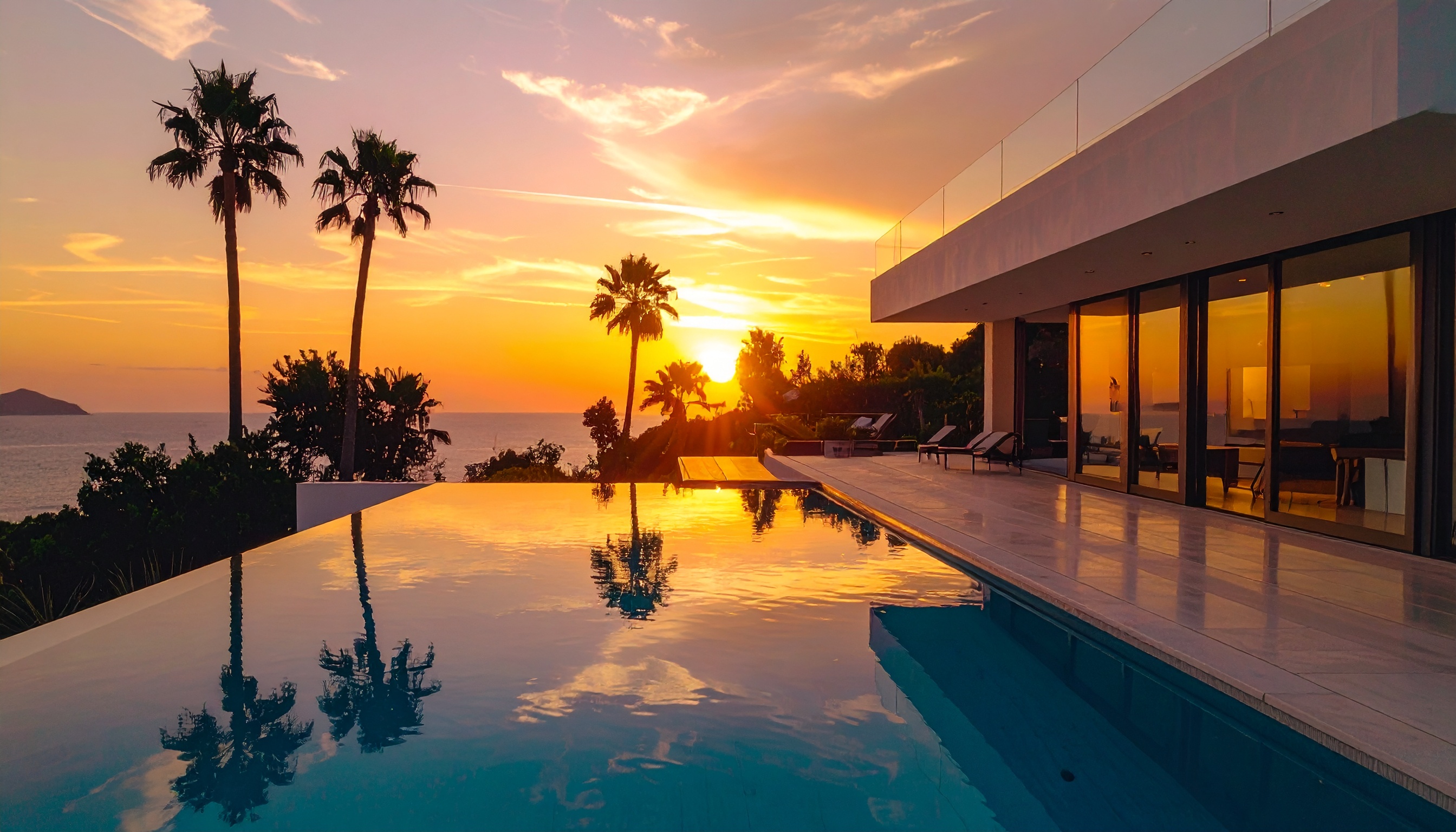Luxuosa casa moderna com piscina infinita ao pôr do sol. Ideal para quem busca uma residência de alto padrão à beira-mar, perfeita para relaxar e receber amigos. O reflexo das palmeiras na água e a arquitetura minimalista criam uma atmosfera de tranquilidade e sofisticação. Momentos perfeitos para finais de tarde relaxantes ou eventos ao ar livre em clima tropical. Oferece um cenário deslumbrante que combina beleza natural com design contemporâneo.