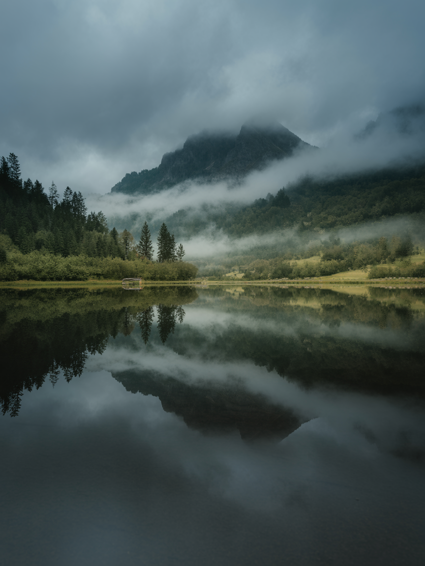 Misty Mountain Landscape with Serene Lake Reflection