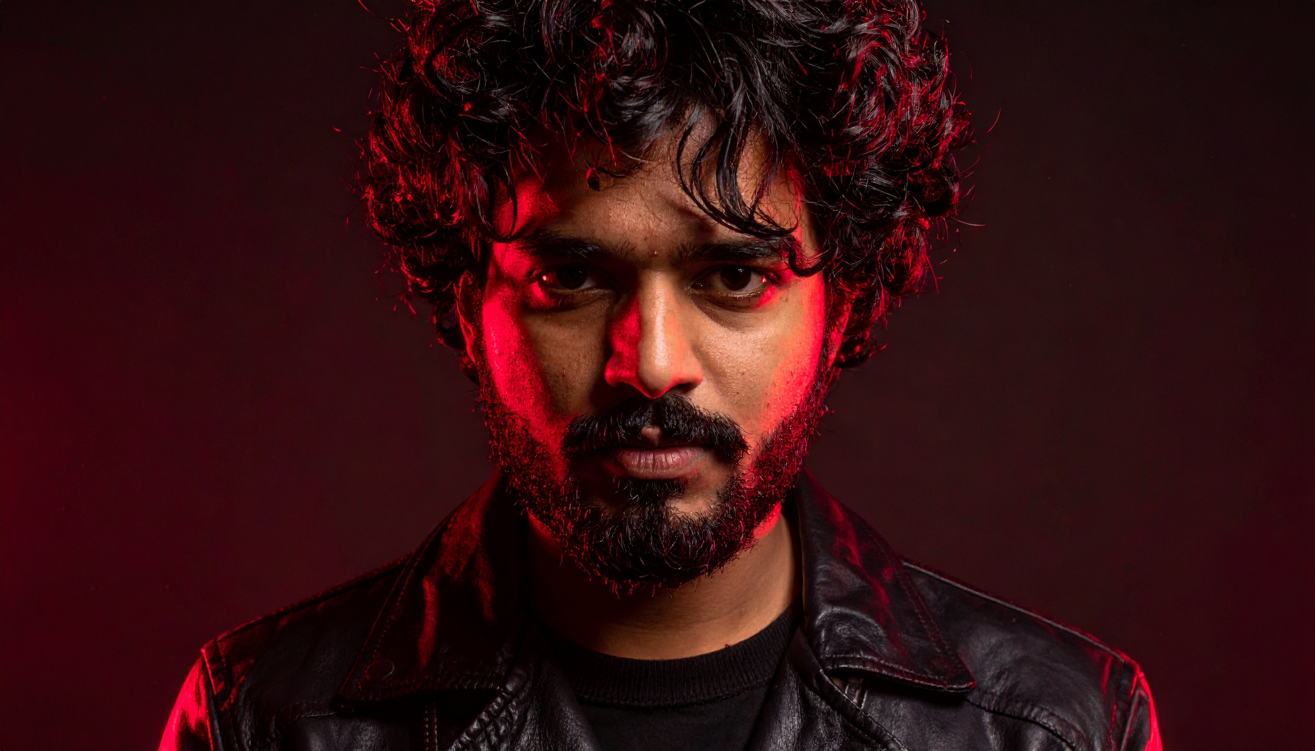 A man with intense expression is lit by red light against a dark backdrop
