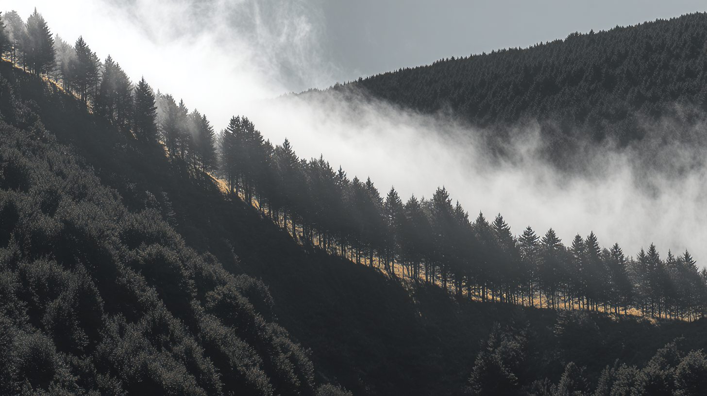 Paisagem montanhosa com árvores coníferas sobre encostas escuras, envoltas em névoa suave e iluminação natural dramática. O contraste entre as sombras profundas e a névoa cria uma atmosfera misteriosa e serena. A linha de árvores segue a curvatura da colina, proporcionando uma sensação de harmonia e continuidade na composição.