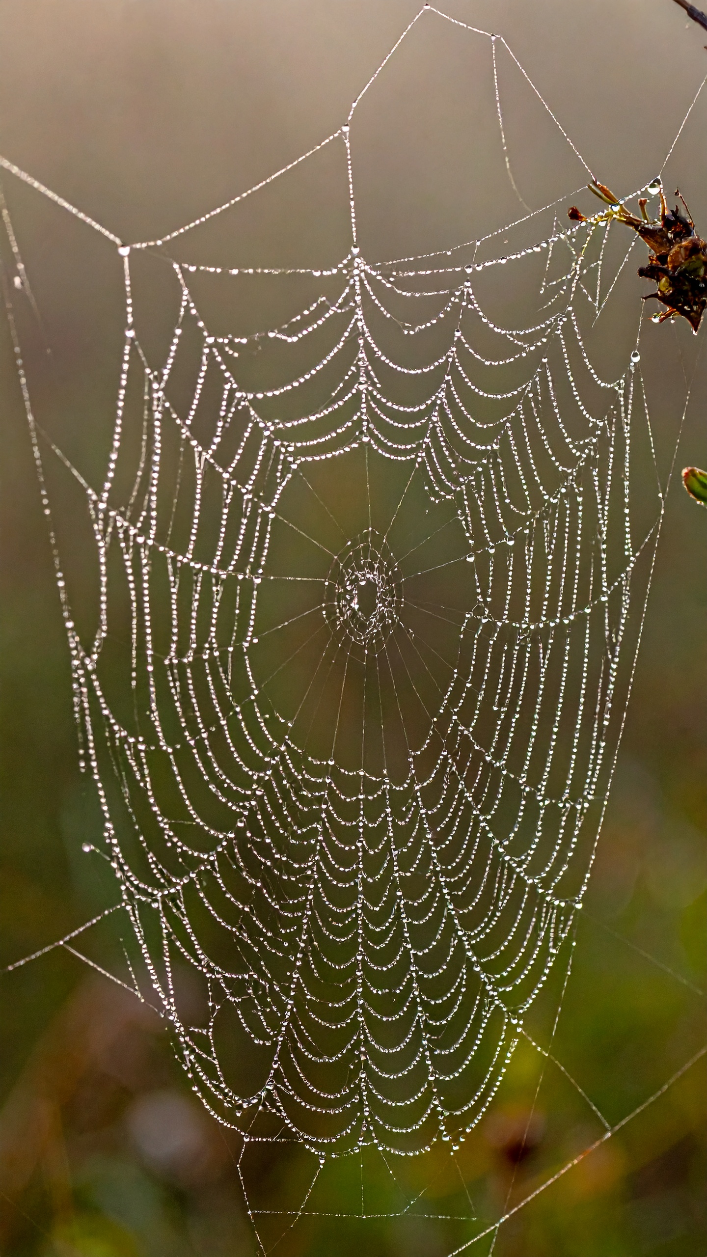 A delicate spider web glistening with morning dew hangs in a natural setting