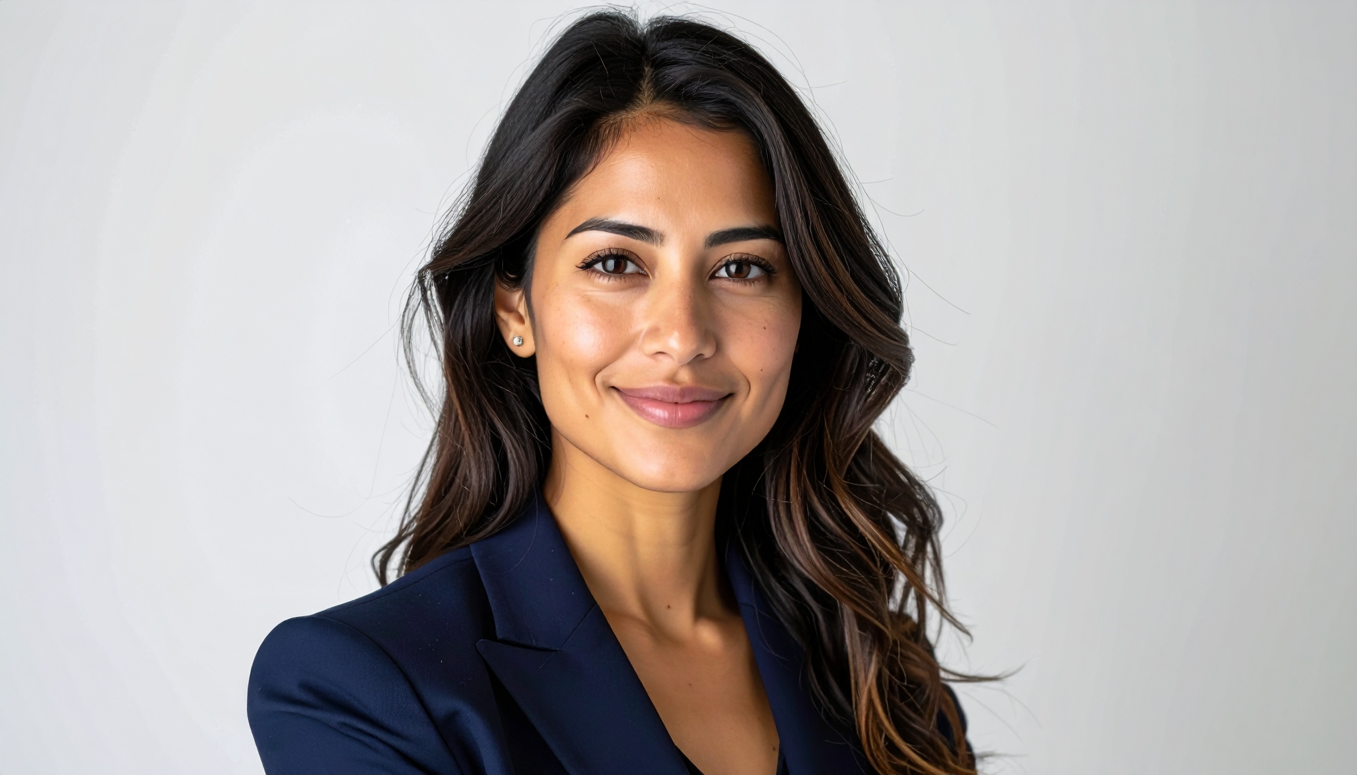 A confident woman in a navy blazer stands against a neutral backdrop